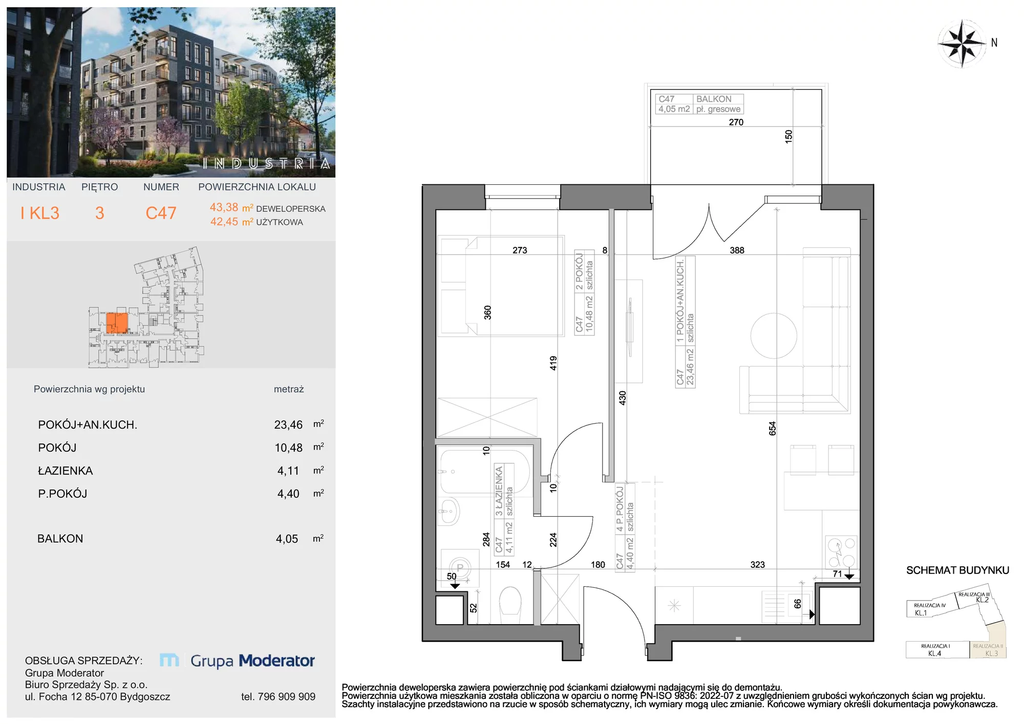 Mieszkanie 42,45 m², piętro 3, oferta nr I-C47, Industria Budynek I-D, Bydgoszcz, Bocianowo, ul. Rycerska 22