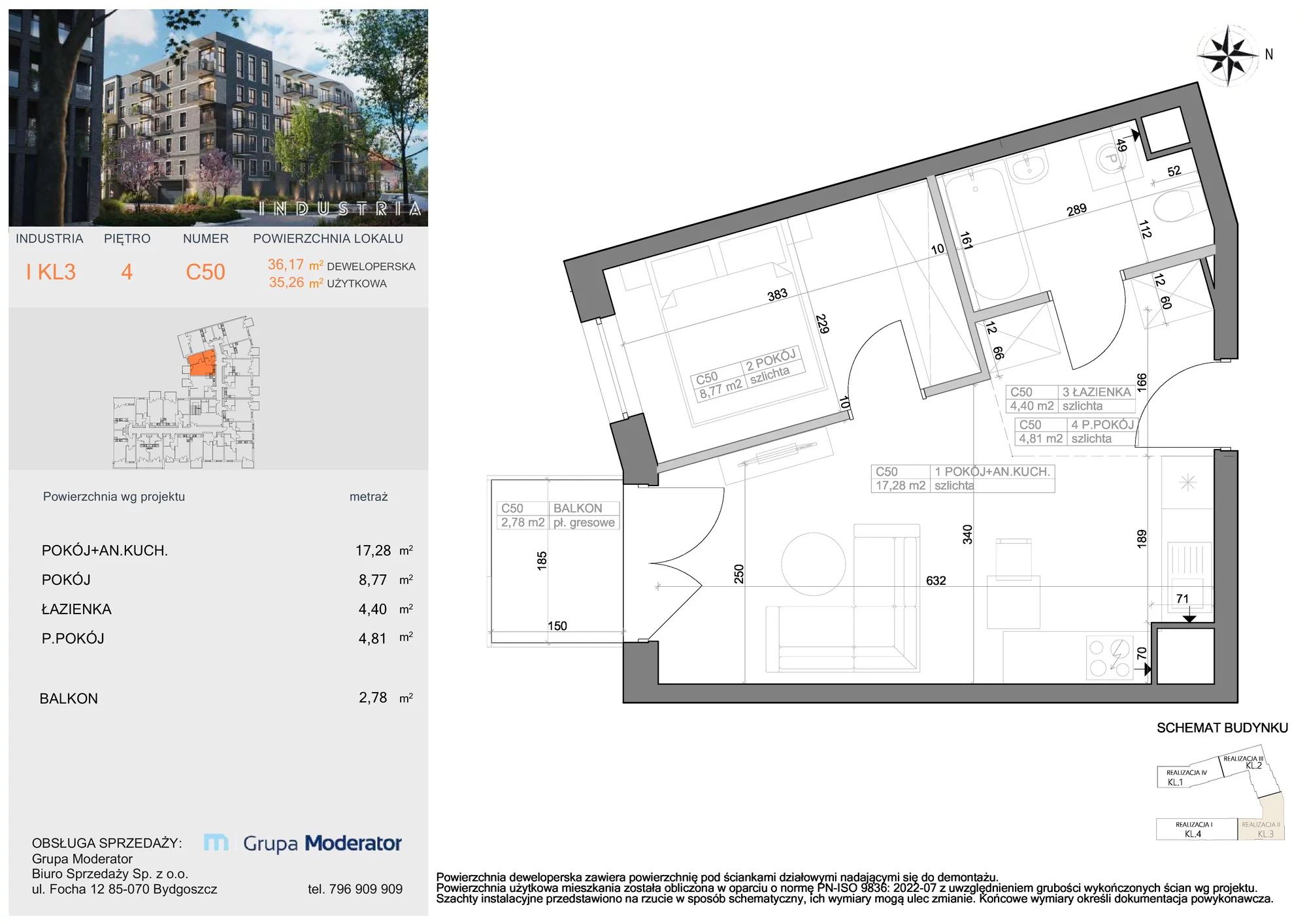 Mieszkanie 35,26 m², piętro 4, oferta nr I-C50, Industria Budynek I-D, Bydgoszcz, Bocianowo, ul. Rycerska 22