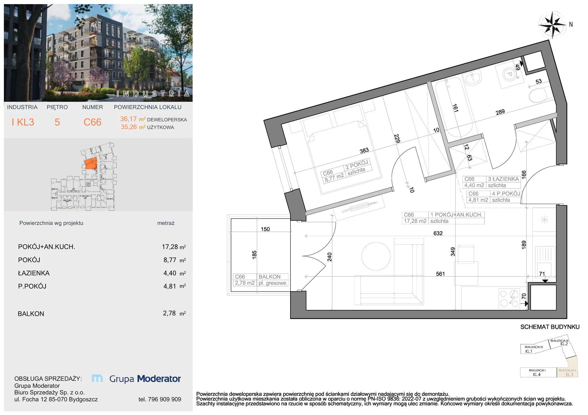 Mieszkanie 35,26 m², piętro 5, oferta nr I-C66, Industria Budynek I-D, Bydgoszcz, Bocianowo, ul. Rycerska 22