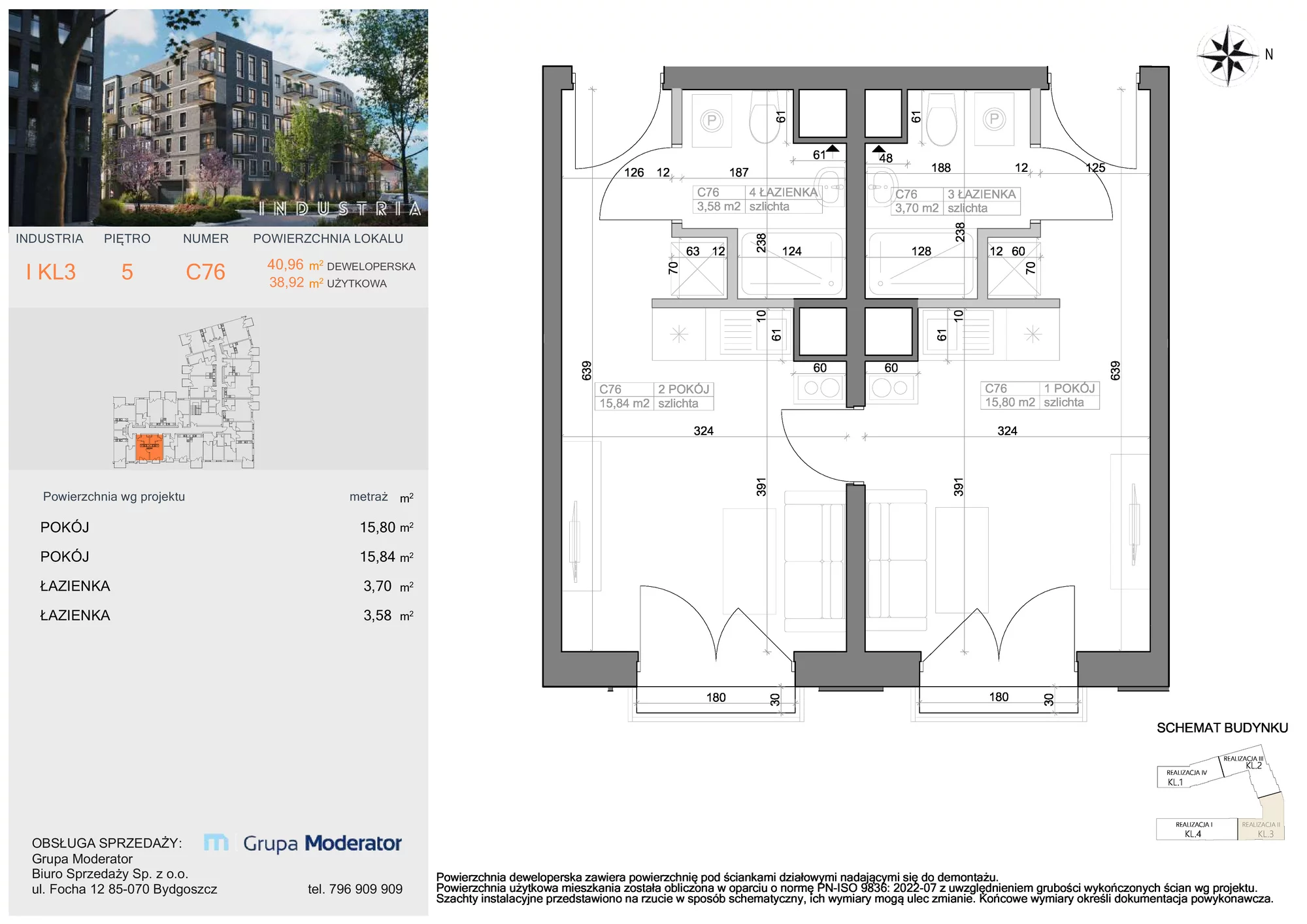 Mieszkanie 38,92 m², piętro 5, oferta nr I-C76, Industria Budynek I-D, Bydgoszcz, Bocianowo, ul. Rycerska 22