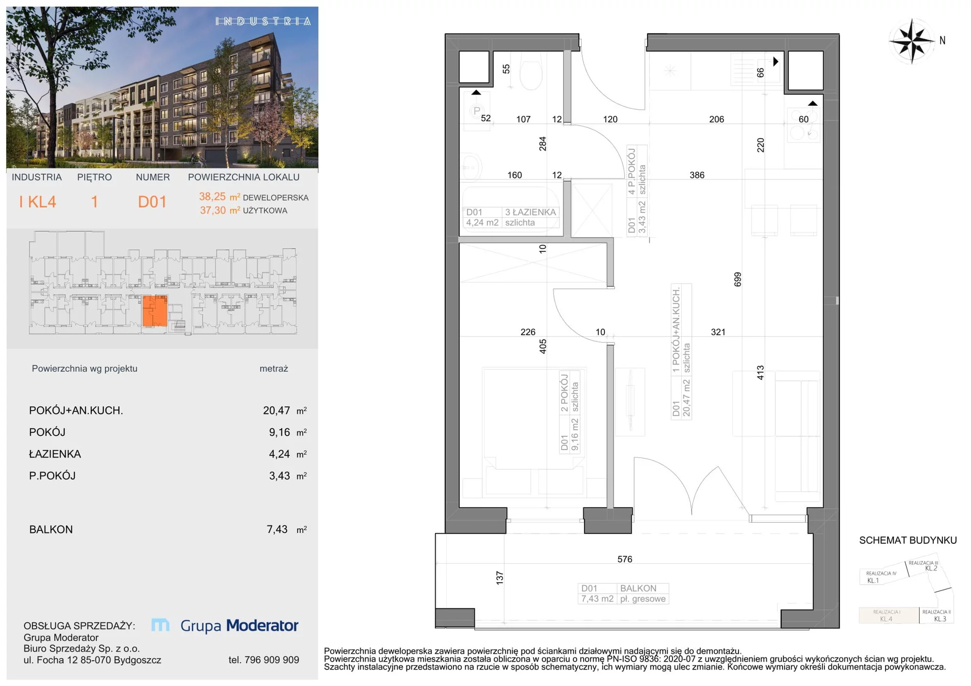 Mieszkanie 37,30 m², piętro 1, oferta nr I-D1, Industria Budynek I-D, Bydgoszcz, Bocianowo, ul. Rycerska 22