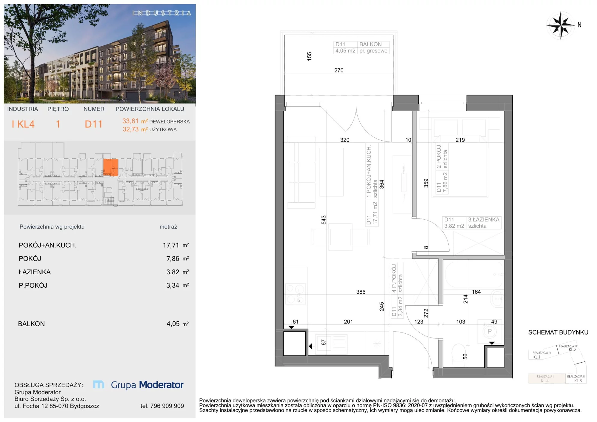 Mieszkanie 32,73 m², piętro 1, oferta nr I-D11, Industria Budynek I-D, Bydgoszcz, Bocianowo, ul. Rycerska 22