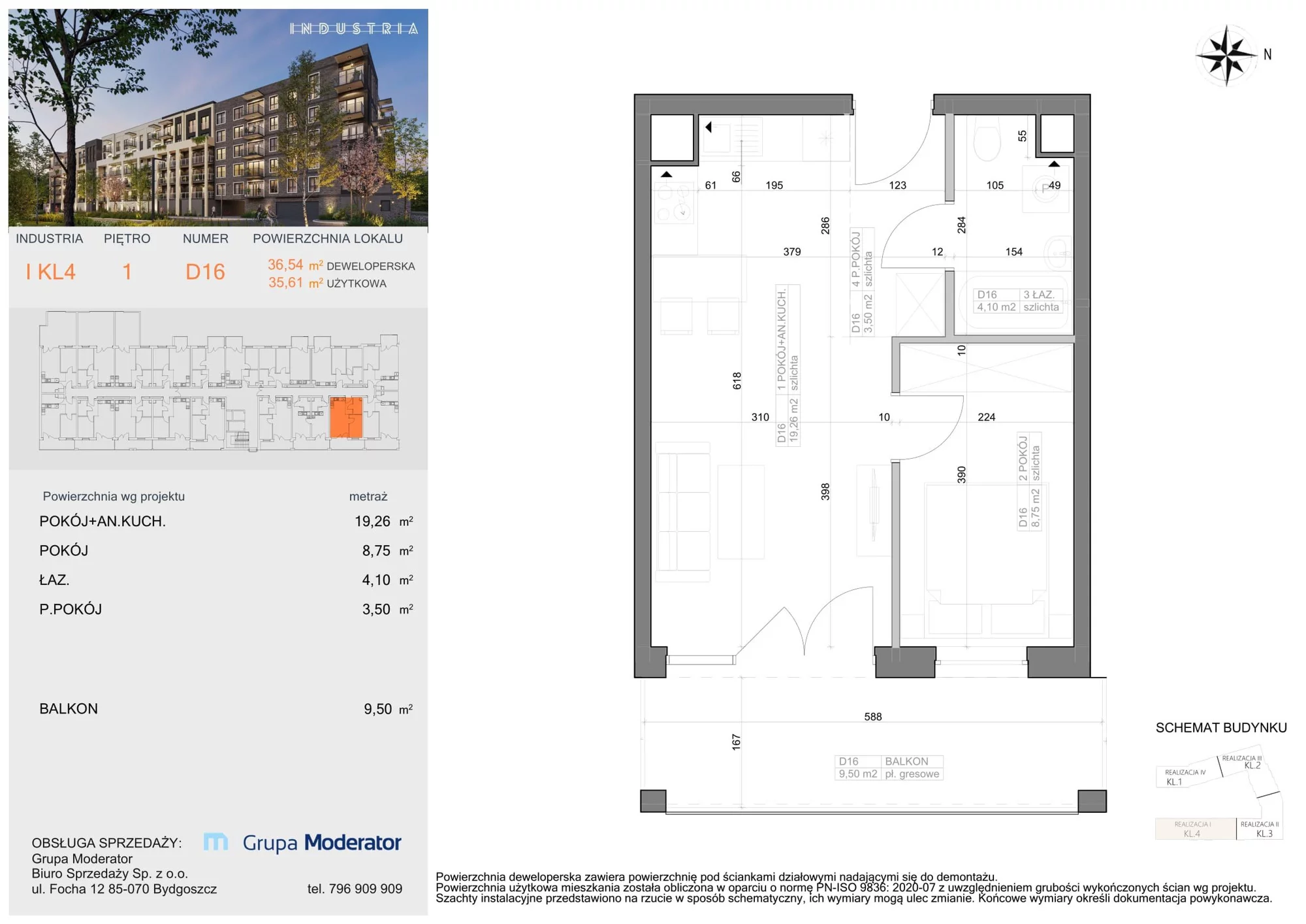 Mieszkanie 35,61 m², piętro 1, oferta nr I-D16, Industria Budynek I-D, Bydgoszcz, Bocianowo, ul. Rycerska 22