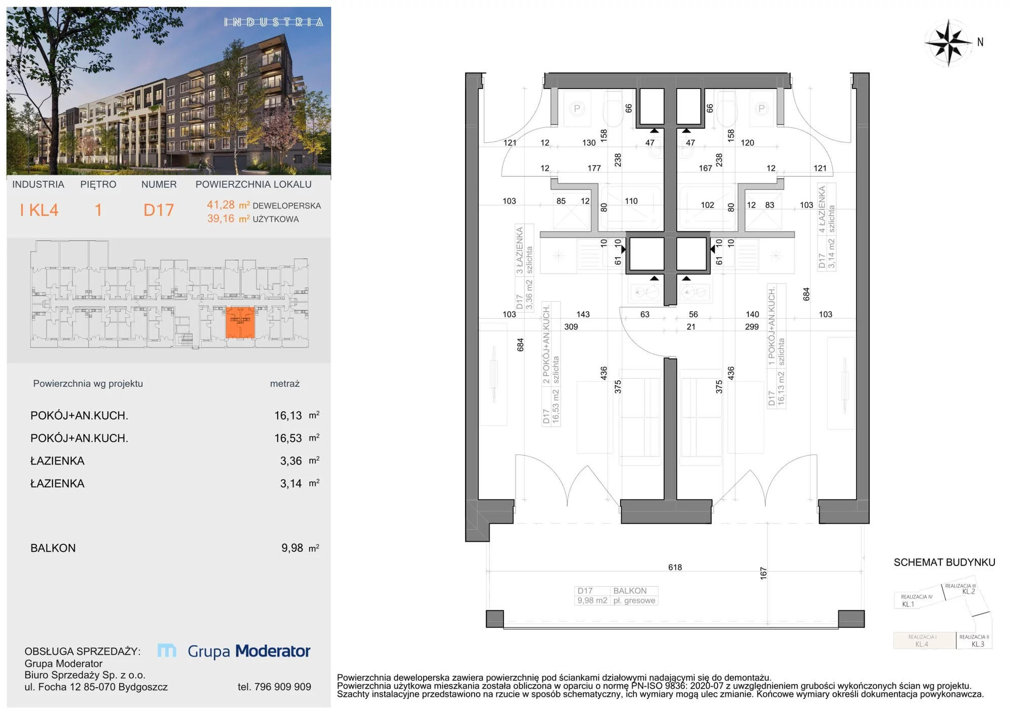 Mieszkanie 39,16 m², piętro 1, oferta nr I-D17, Industria Budynek I-D, Bydgoszcz, Bocianowo, ul. Rycerska 22