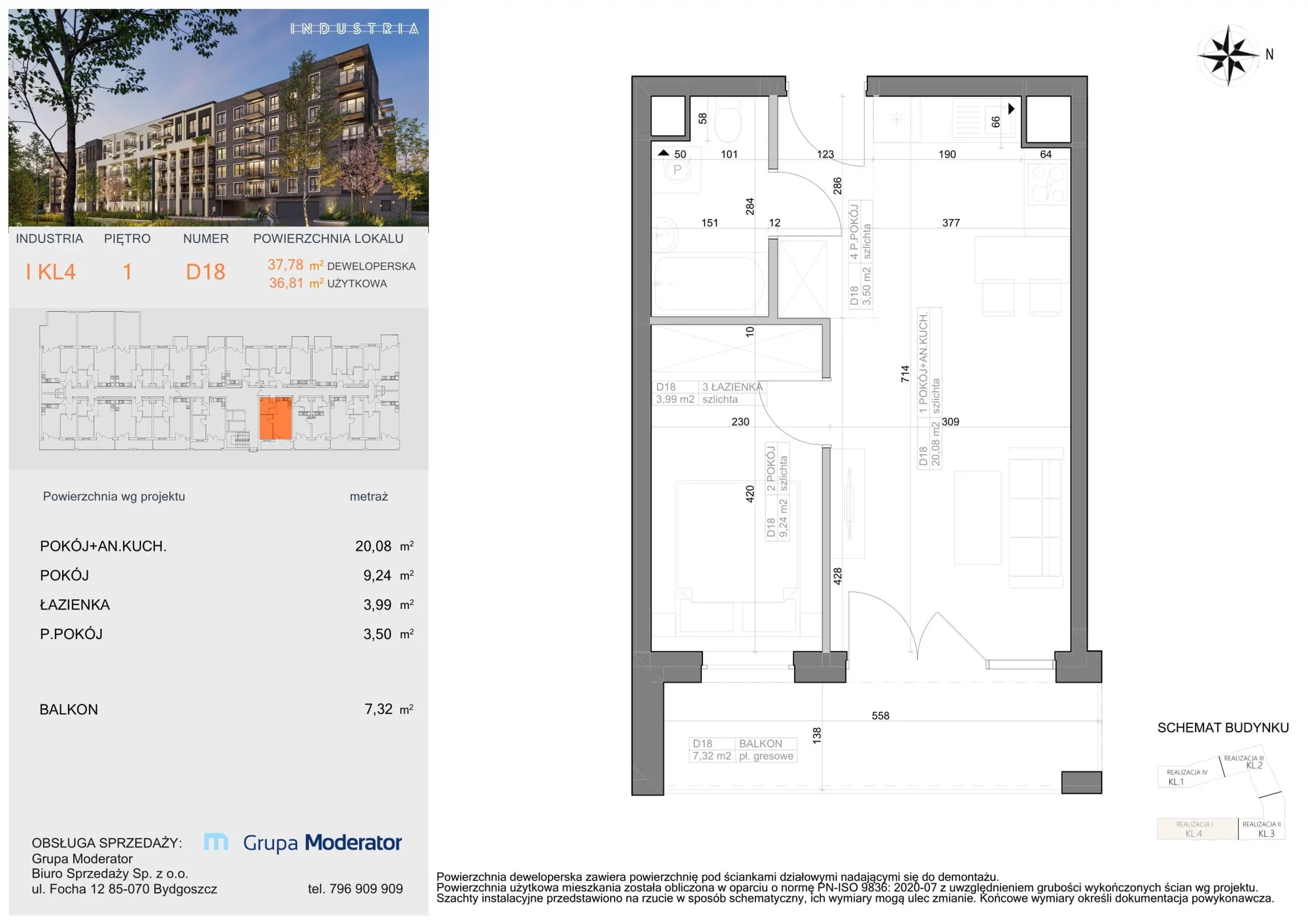 Mieszkanie 36,81 m², piętro 1, oferta nr I-D18, Industria Budynek I-D, Bydgoszcz, Bocianowo, ul. Rycerska 22