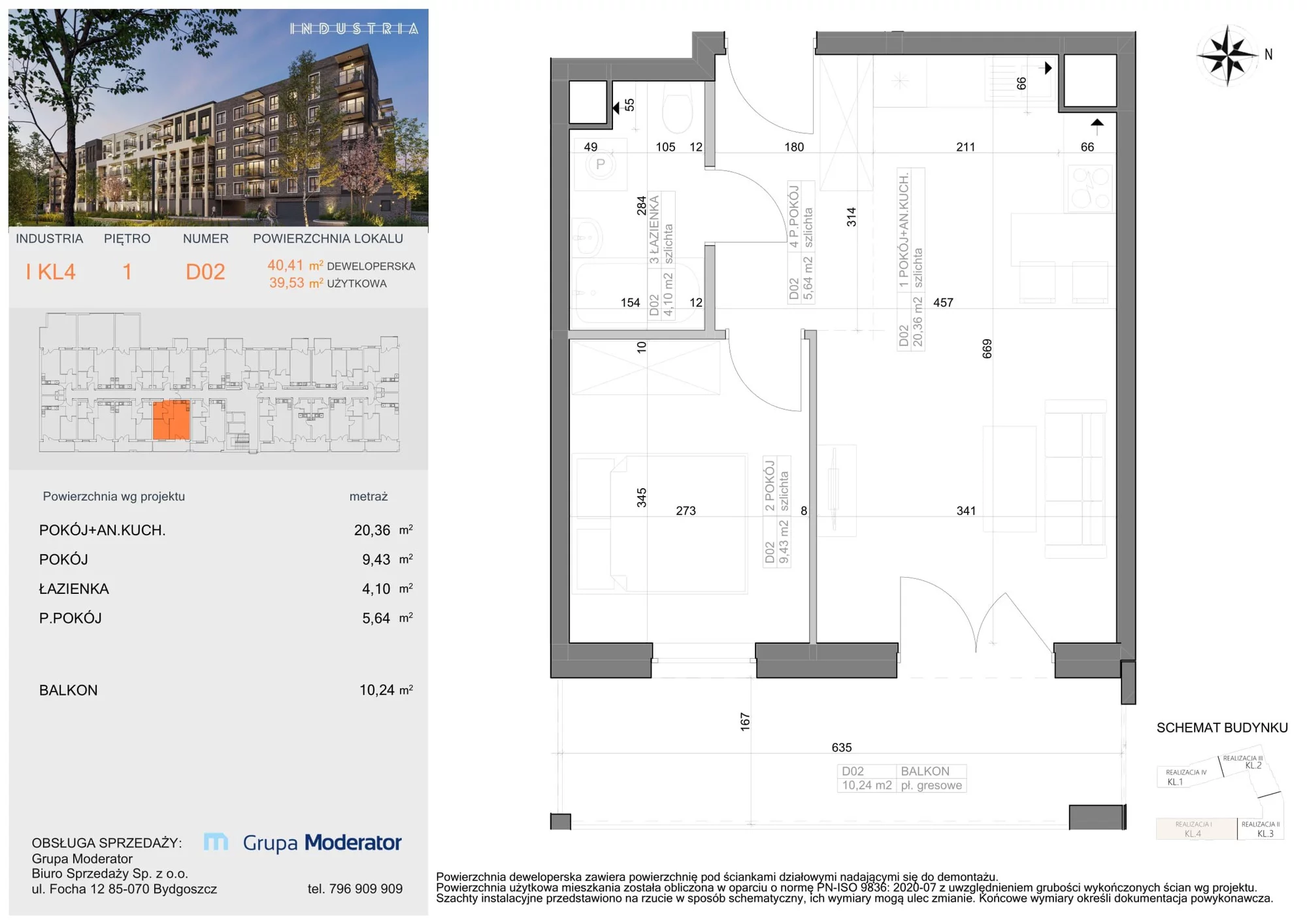 Mieszkanie 39,53 m², piętro 1, oferta nr I-D2, Industria Budynek I-D, Bydgoszcz, Bocianowo, ul. Rycerska 22