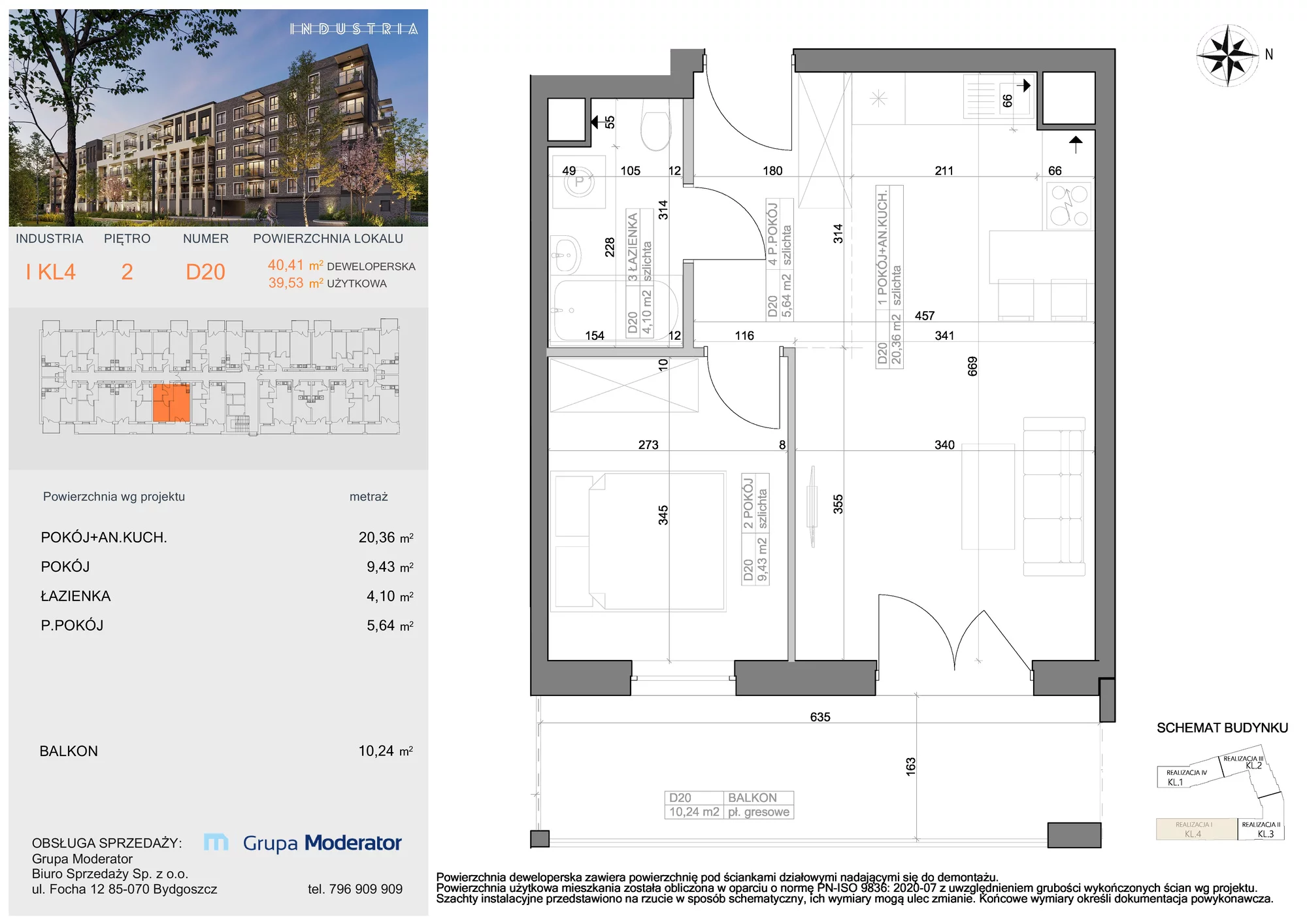 Mieszkanie 39,53 m², piętro 2, oferta nr I-D20, Industria Budynek I-D, Bydgoszcz, Bocianowo, ul. Rycerska 22