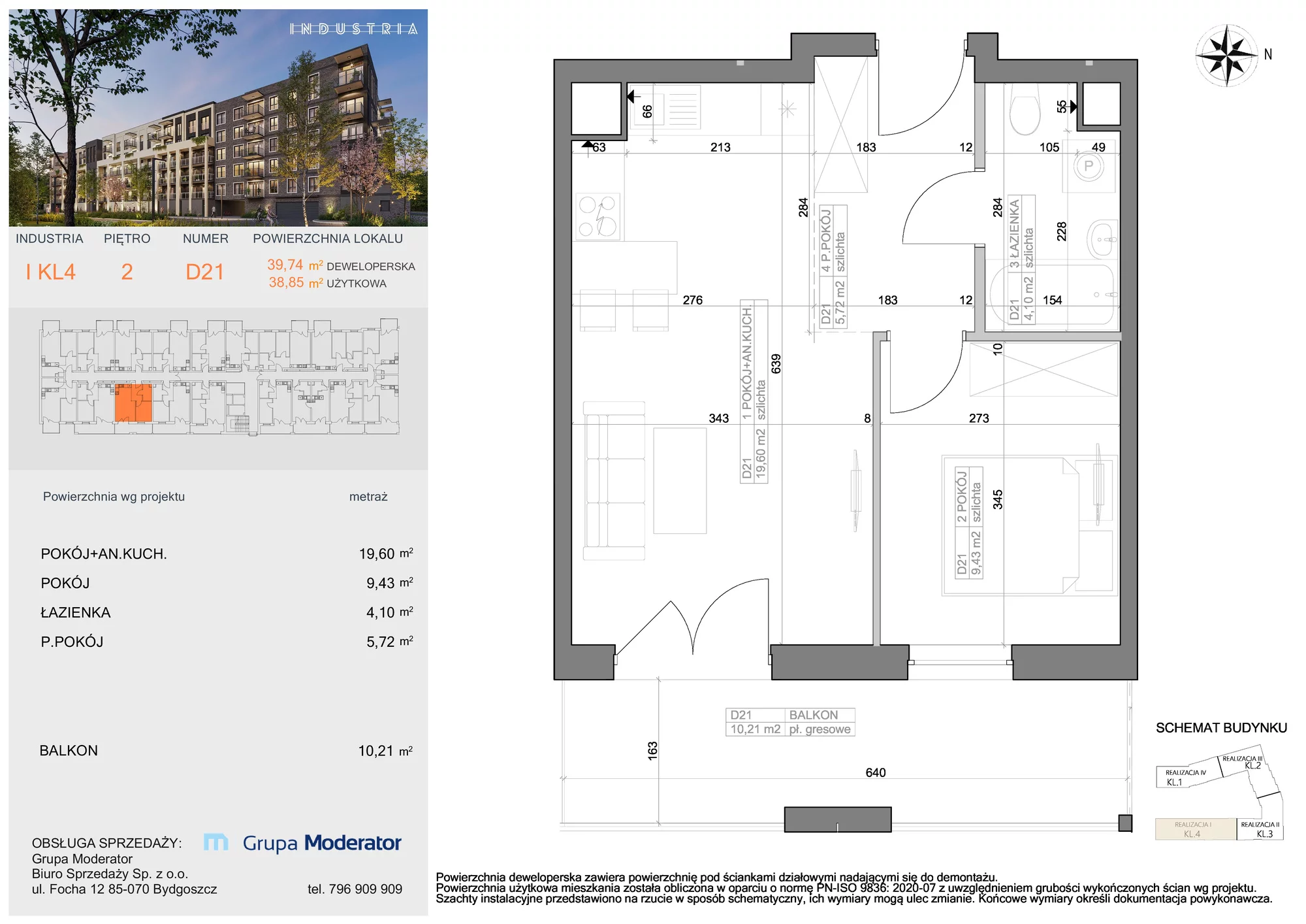 Mieszkanie 38,85 m², piętro 2, oferta nr I-D21, Industria Budynek I-D, Bydgoszcz, Bocianowo, ul. Rycerska 22