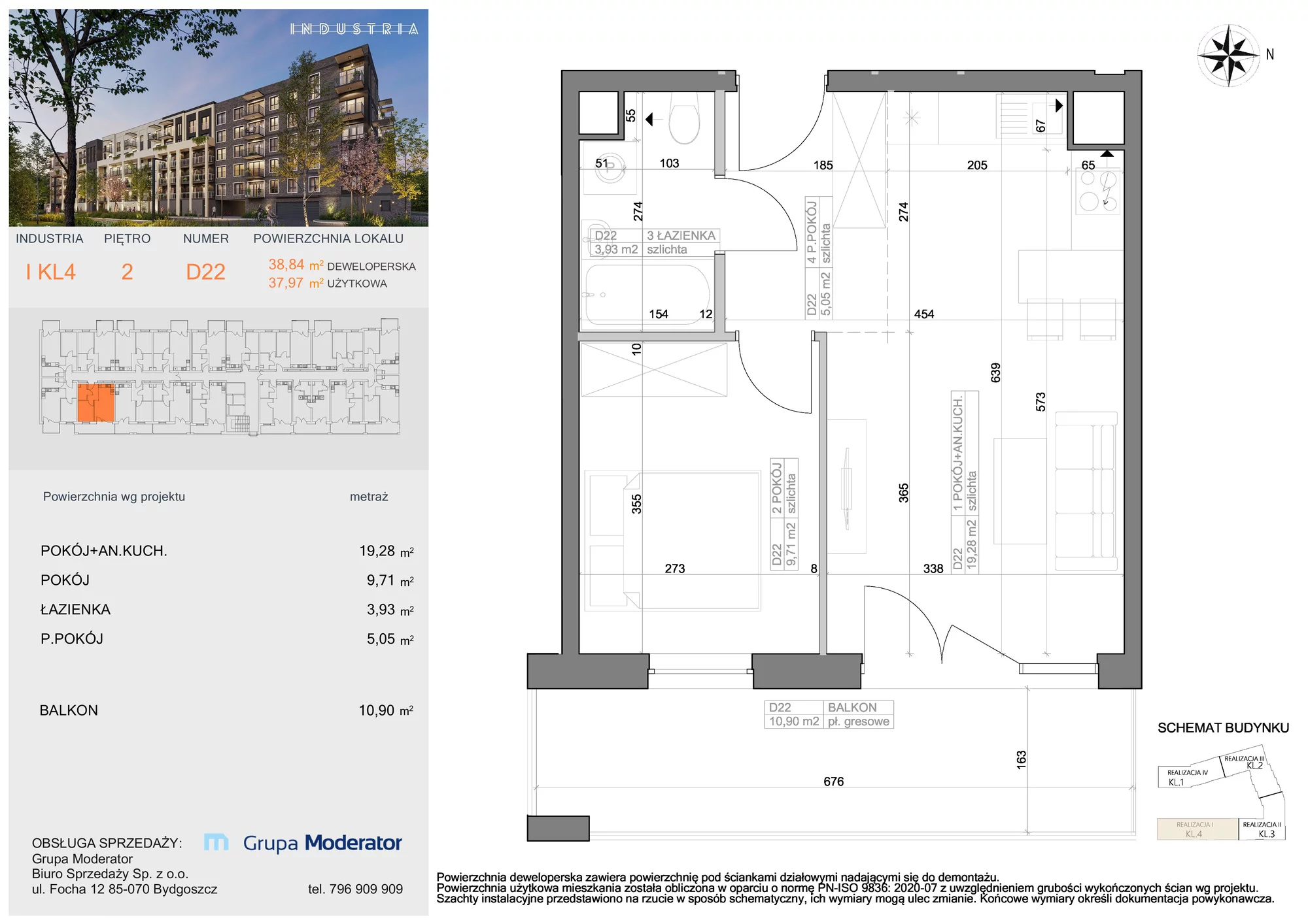 Mieszkanie 37,97 m², piętro 2, oferta nr I-D22, Industria Budynek I-D, Bydgoszcz, Bocianowo, ul. Rycerska 22