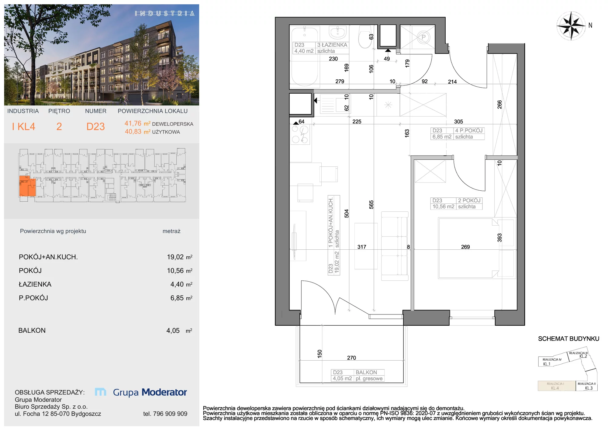 Mieszkanie 40,83 m², piętro 2, oferta nr I-D23, Industria Budynek I-D, Bydgoszcz, Bocianowo, ul. Rycerska 22