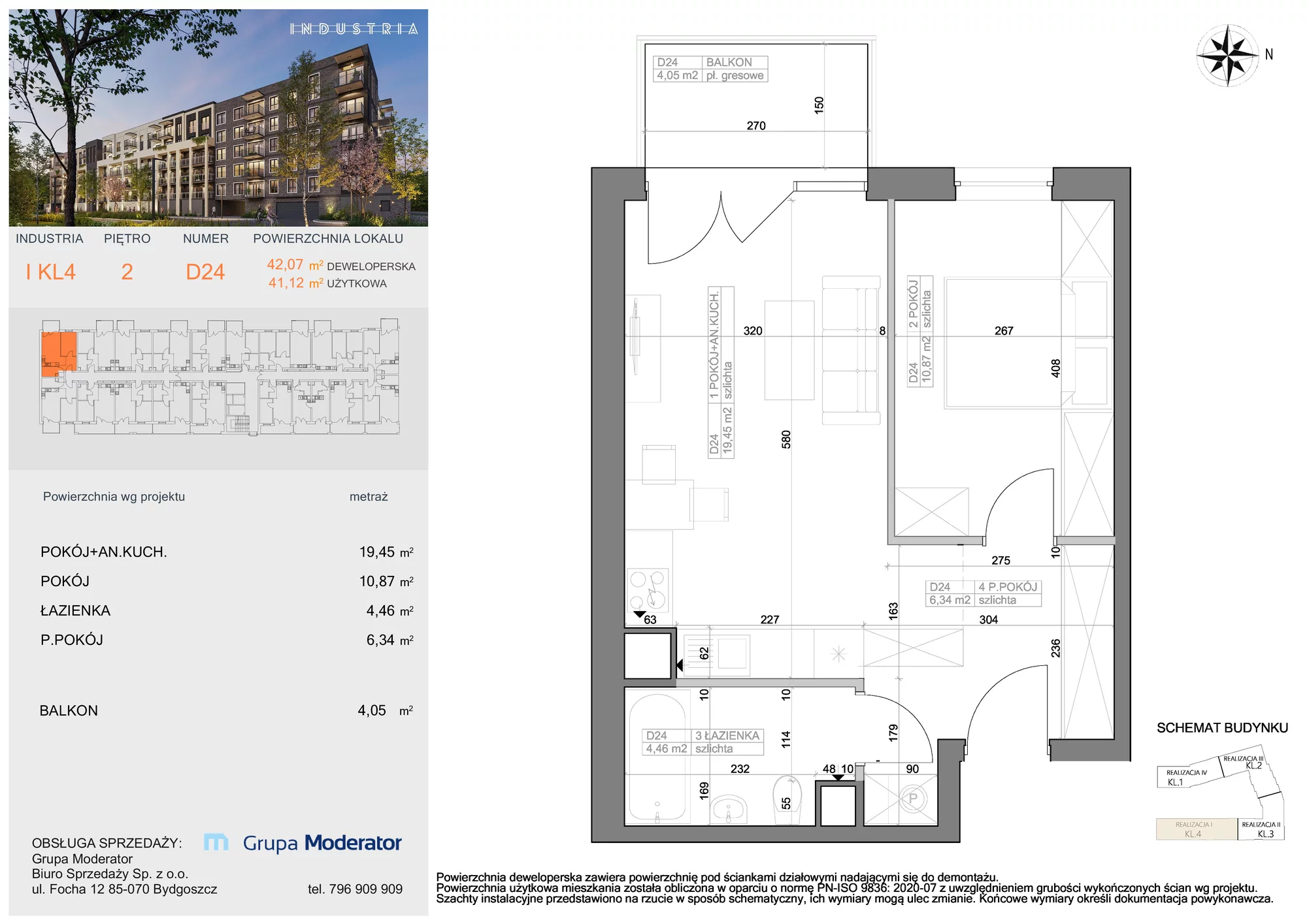 Mieszkanie 41,12 m², piętro 2, oferta nr I-D24, Industria Budynek I-D, Bydgoszcz, Bocianowo, ul. Rycerska 22