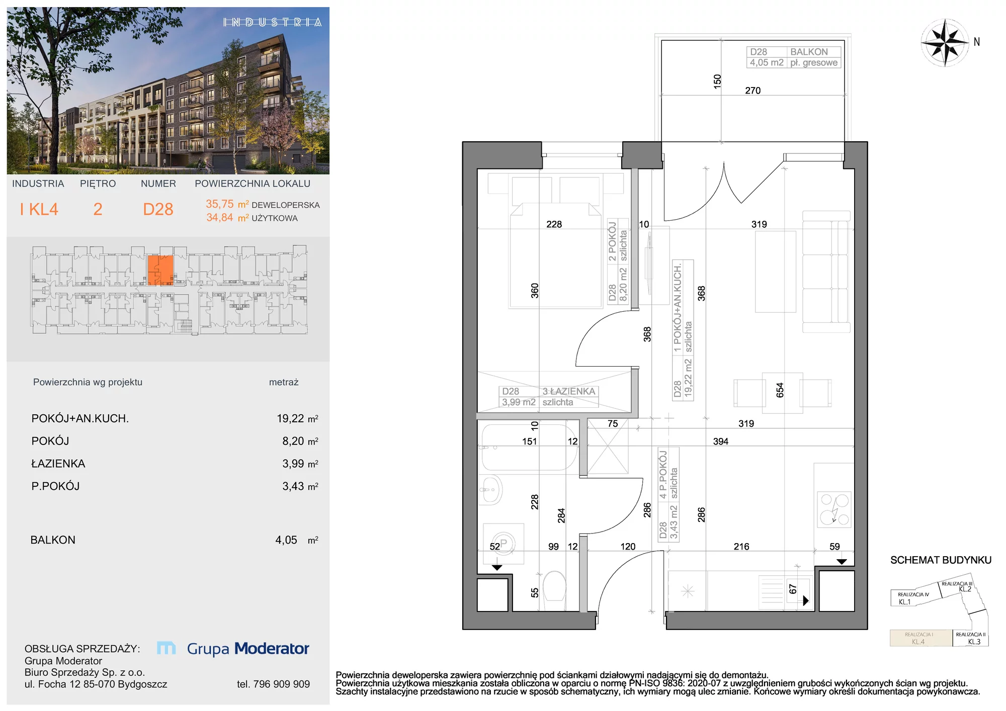 Mieszkanie 34,84 m², piętro 2, oferta nr I-D28, Industria Budynek I-D, Bydgoszcz, Bocianowo, ul. Rycerska 22