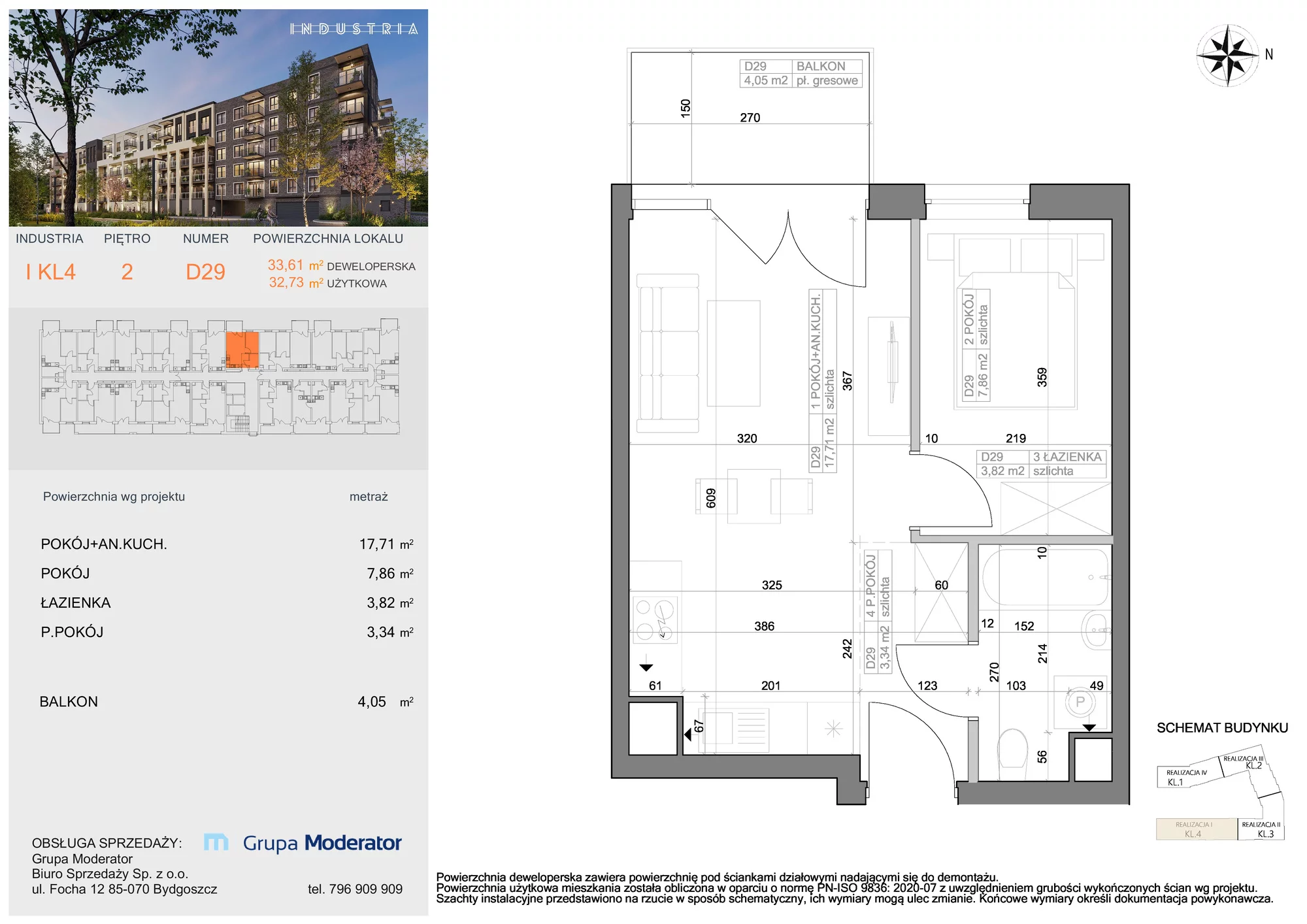 Mieszkanie 32,73 m², piętro 2, oferta nr I-D29, Industria Budynek I-D, Bydgoszcz, Bocianowo, ul. Rycerska 22