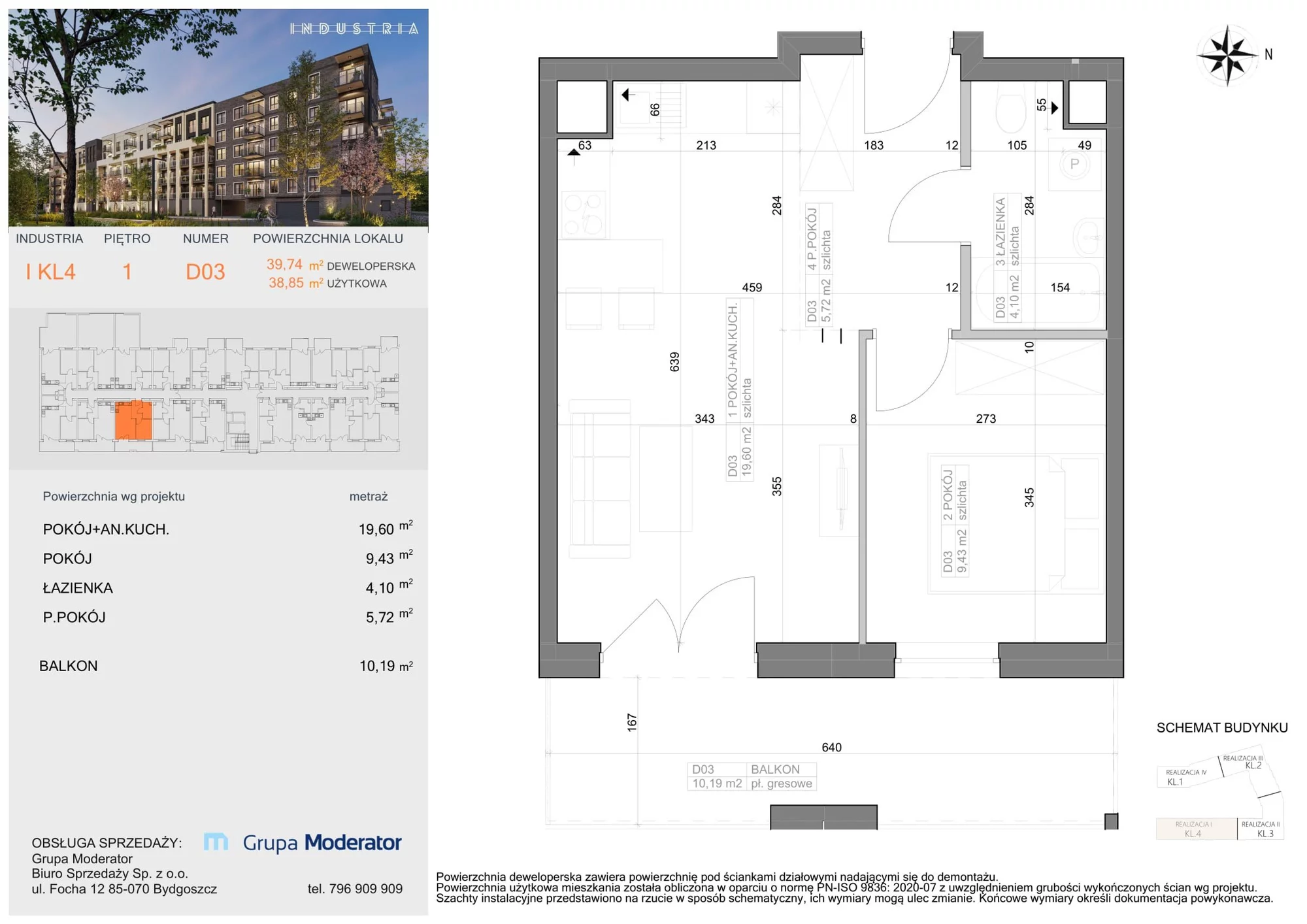 Mieszkanie 38,85 m², piętro 1, oferta nr I-D3, Industria Budynek I-D, Bydgoszcz, Bocianowo, ul. Rycerska 22