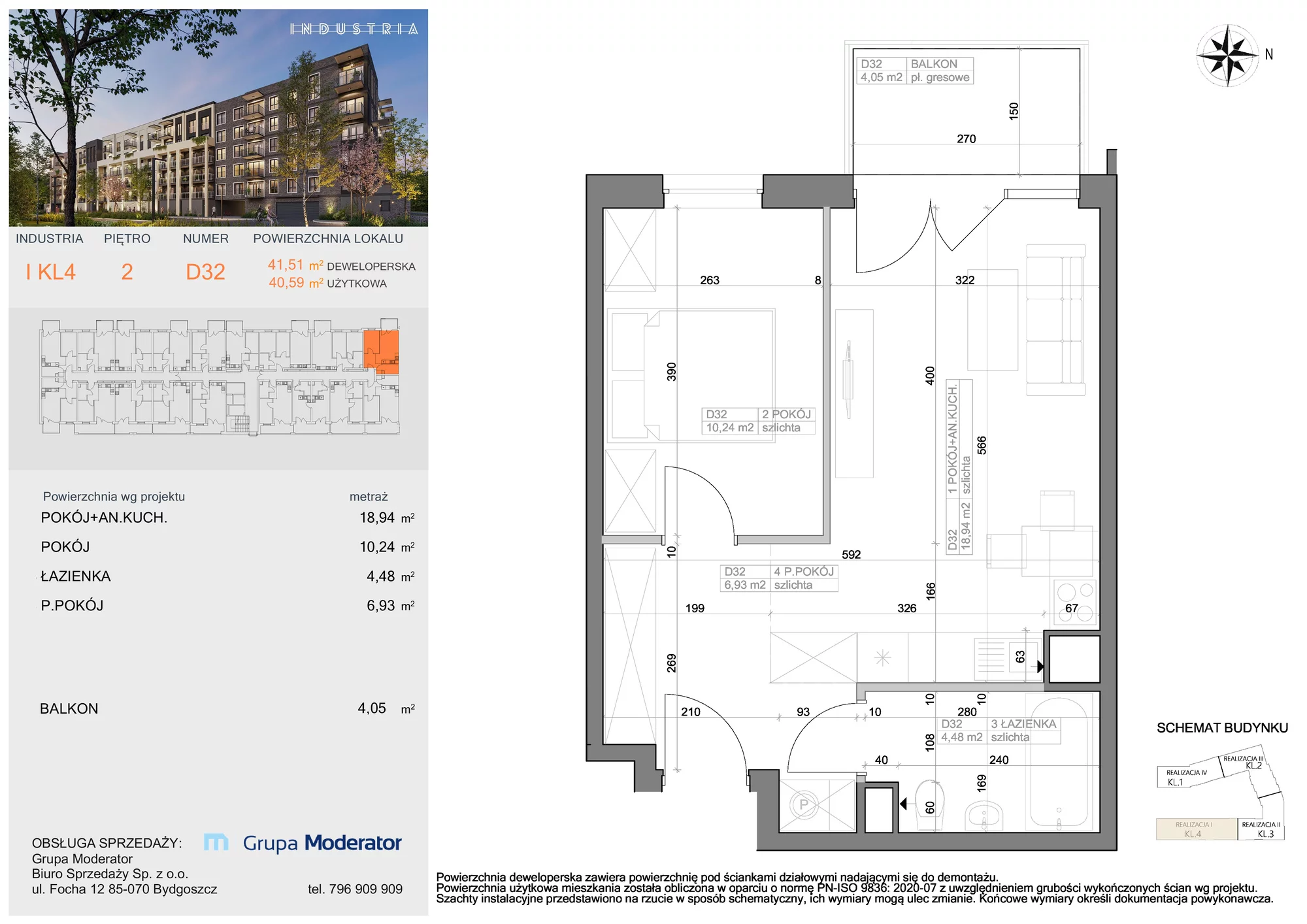 Mieszkanie 40,59 m², piętro 2, oferta nr I-D32, Industria Budynek I-D, Bydgoszcz, Bocianowo, ul. Rycerska 22