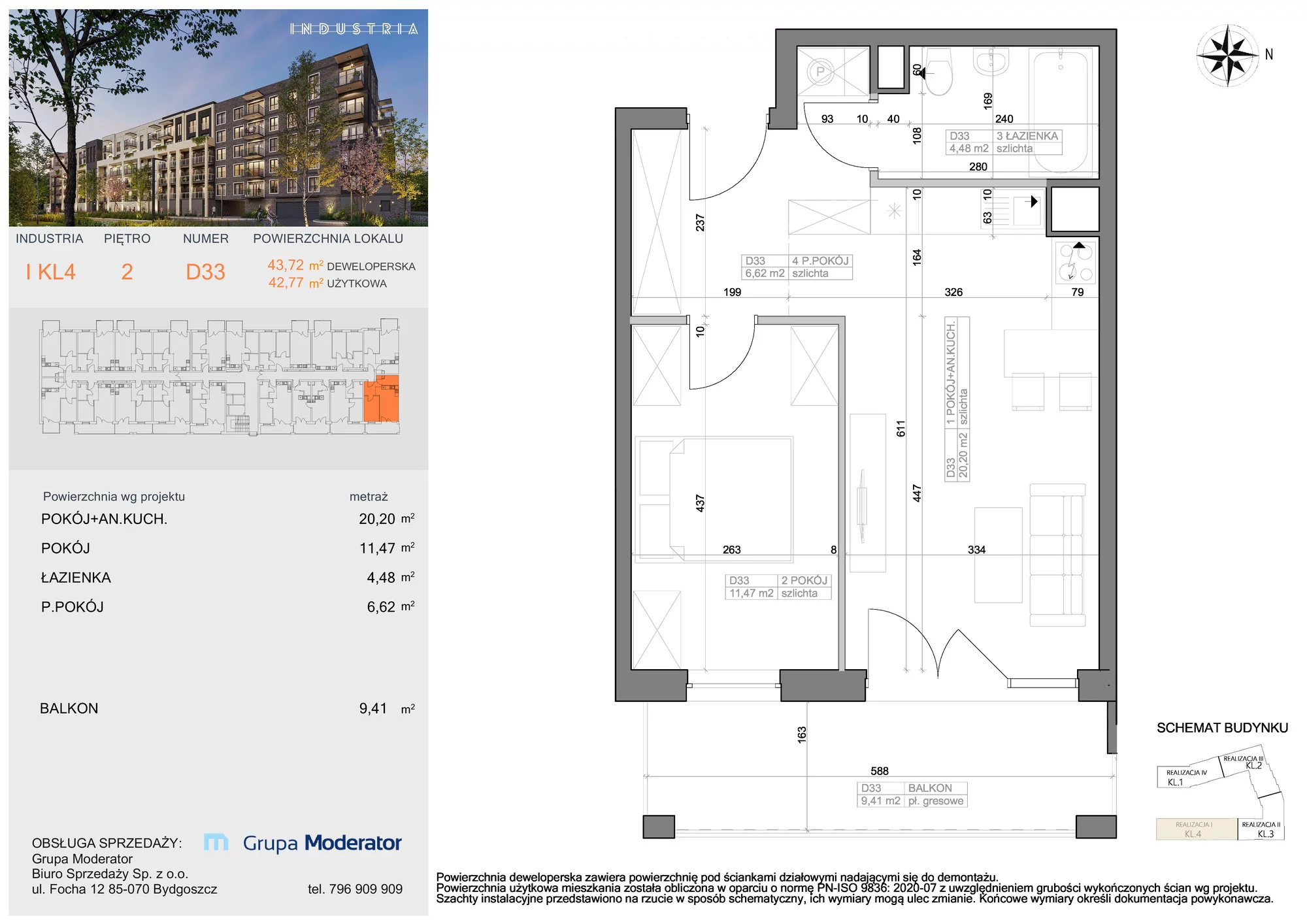 Mieszkanie 42,77 m², piętro 2, oferta nr I-D33, Industria Budynek I-D, Bydgoszcz, Bocianowo, ul. Rycerska 22