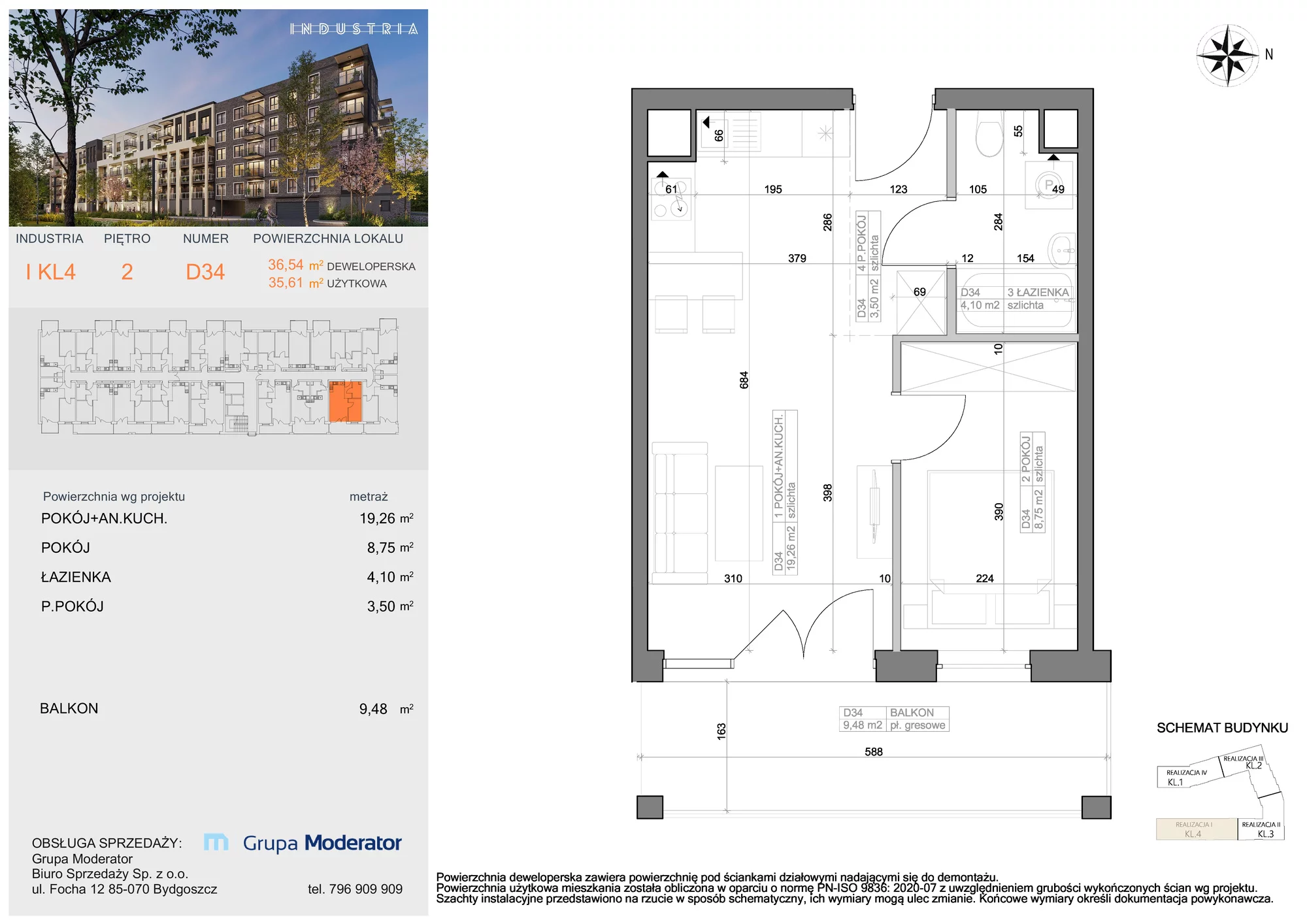 Mieszkanie 35,61 m², piętro 2, oferta nr I-D34, Industria Budynek I-D, Bydgoszcz, Bocianowo, ul. Rycerska 22