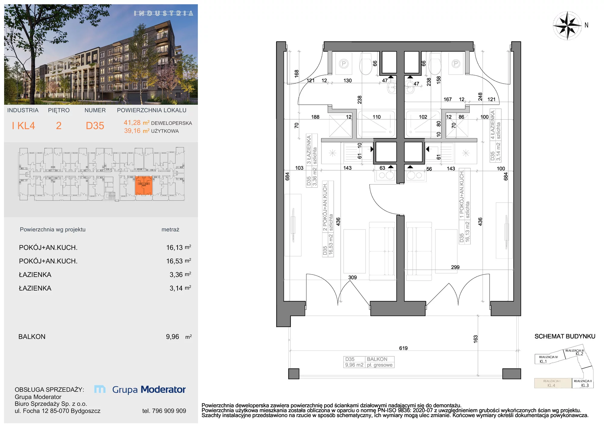 Mieszkanie 39,16 m², piętro 2, oferta nr I-D35, Industria Budynek I-D, Bydgoszcz, Bocianowo, ul. Rycerska 22