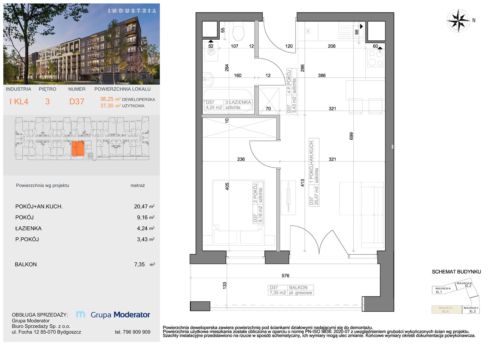 Mieszkanie 37,30 m², piętro 3, oferta nr I-D37, Industria Budynek I-D, Bydgoszcz, Bocianowo, ul. Rycerska 22