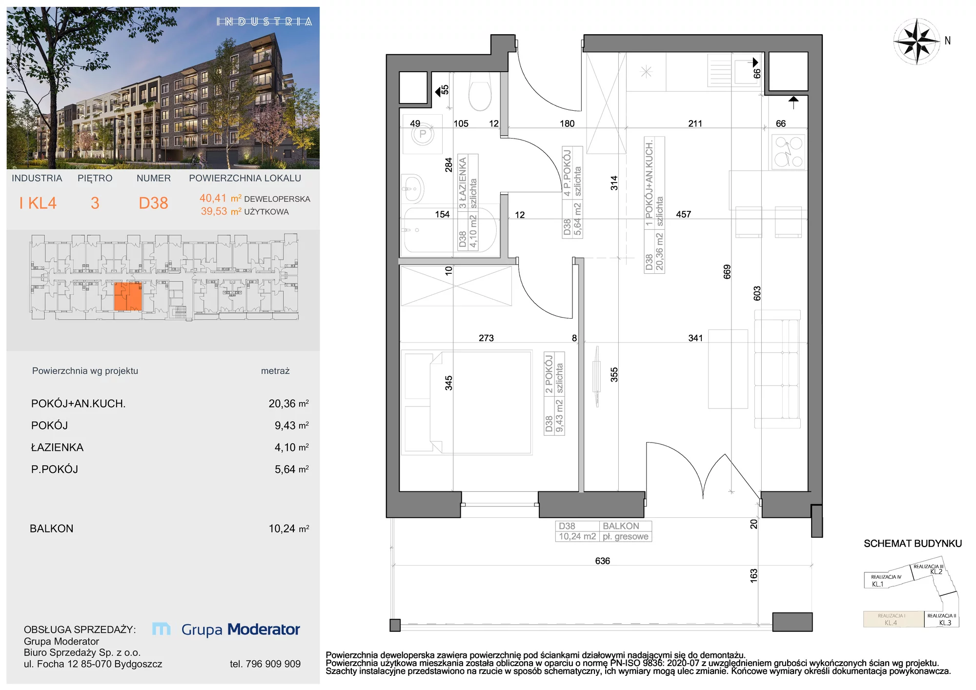 Mieszkanie 39,53 m², piętro 3, oferta nr I-D38, Industria Budynek I-D, Bydgoszcz, Bocianowo, ul. Rycerska 22