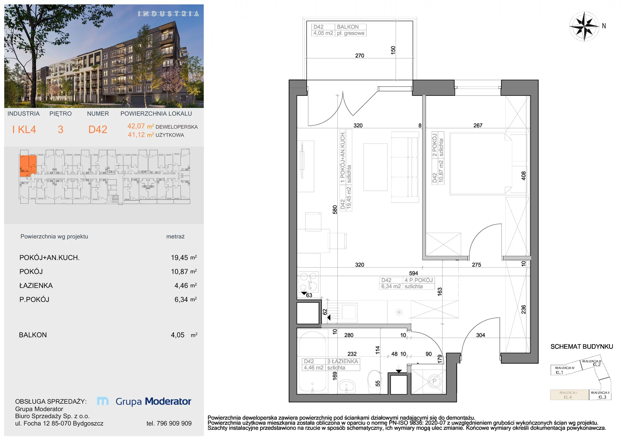 Mieszkanie 41,12 m², piętro 3, oferta nr I-D42, Industria Budynek I-D, Bydgoszcz, Bocianowo, ul. Rycerska 22