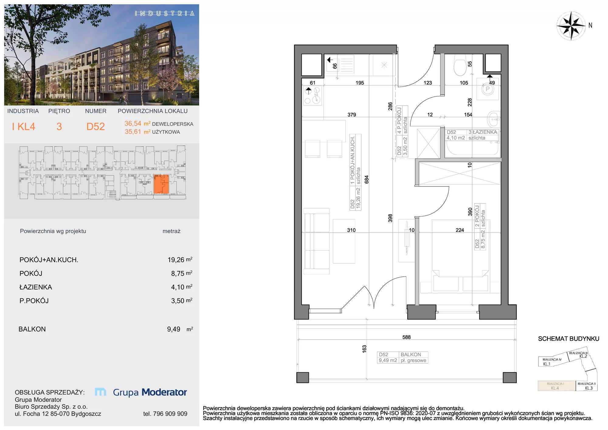 Mieszkanie 35,61 m², piętro 3, oferta nr I-D52, Industria Budynek I-D, Bydgoszcz, Bocianowo, ul. Rycerska 22