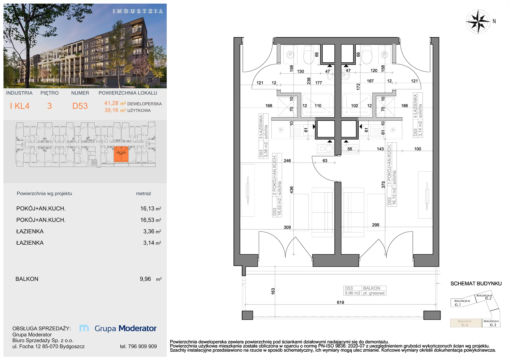 Mieszkanie 39,16 m², piętro 3, oferta nr I-D53, Industria Budynek I-D, Bydgoszcz, Bocianowo, ul. Rycerska 22