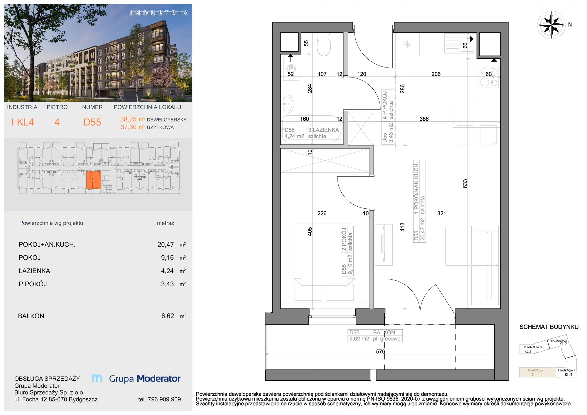 Mieszkanie 37,30 m², piętro 4, oferta nr I-D55, Industria Budynek I-D, Bydgoszcz, Bocianowo, ul. Rycerska 22