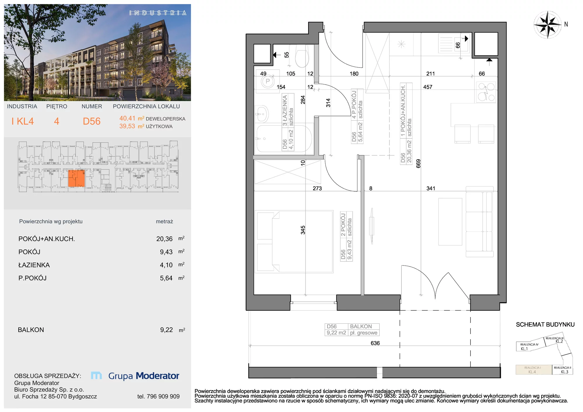 Mieszkanie 39,53 m², piętro 4, oferta nr I-D56, Industria Budynek I-D, Bydgoszcz, Bocianowo, ul. Rycerska 22