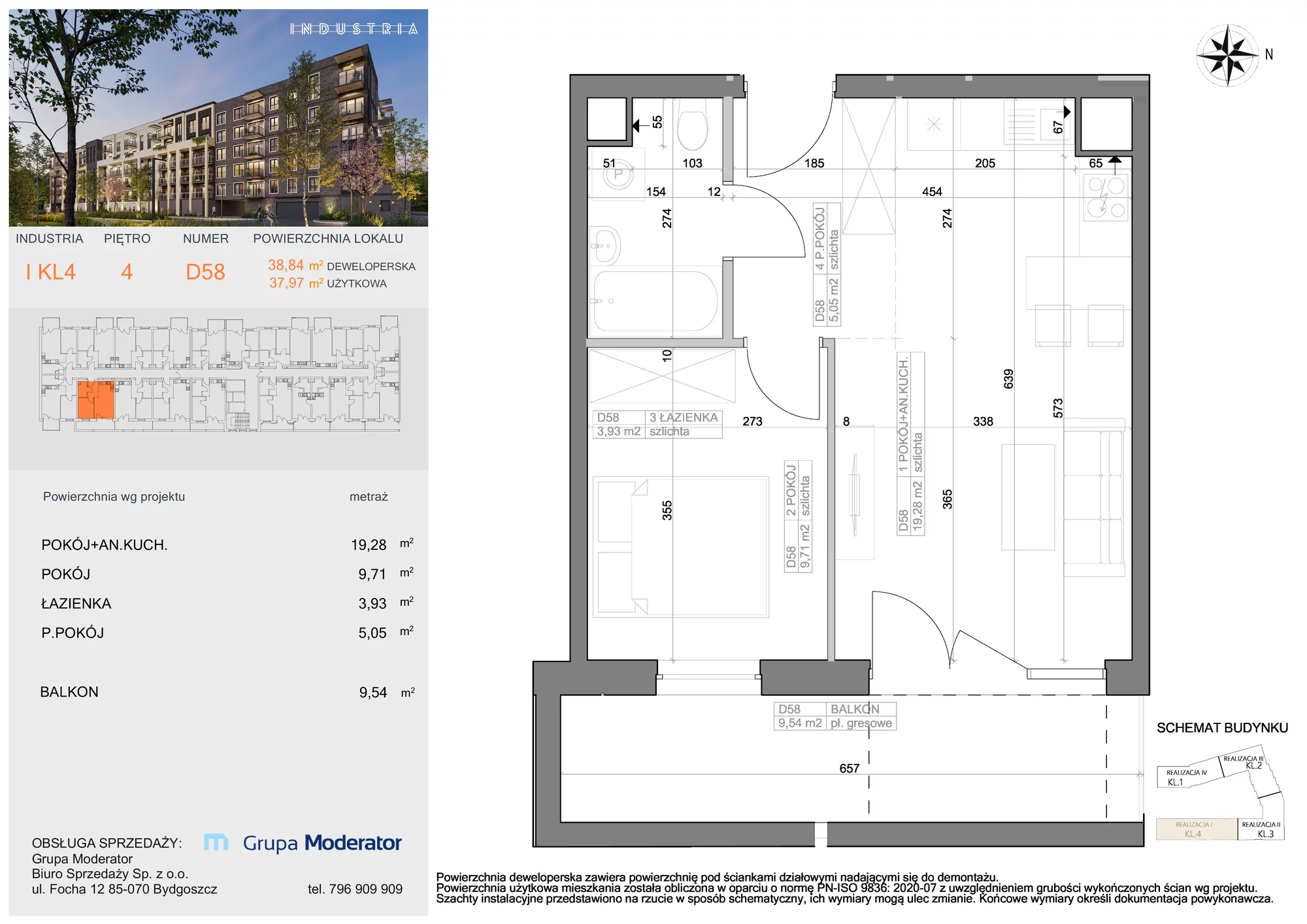 Mieszkanie 37,97 m², piętro 4, oferta nr I-D58, Industria Budynek I-D, Bydgoszcz, Bocianowo, ul. Rycerska 22