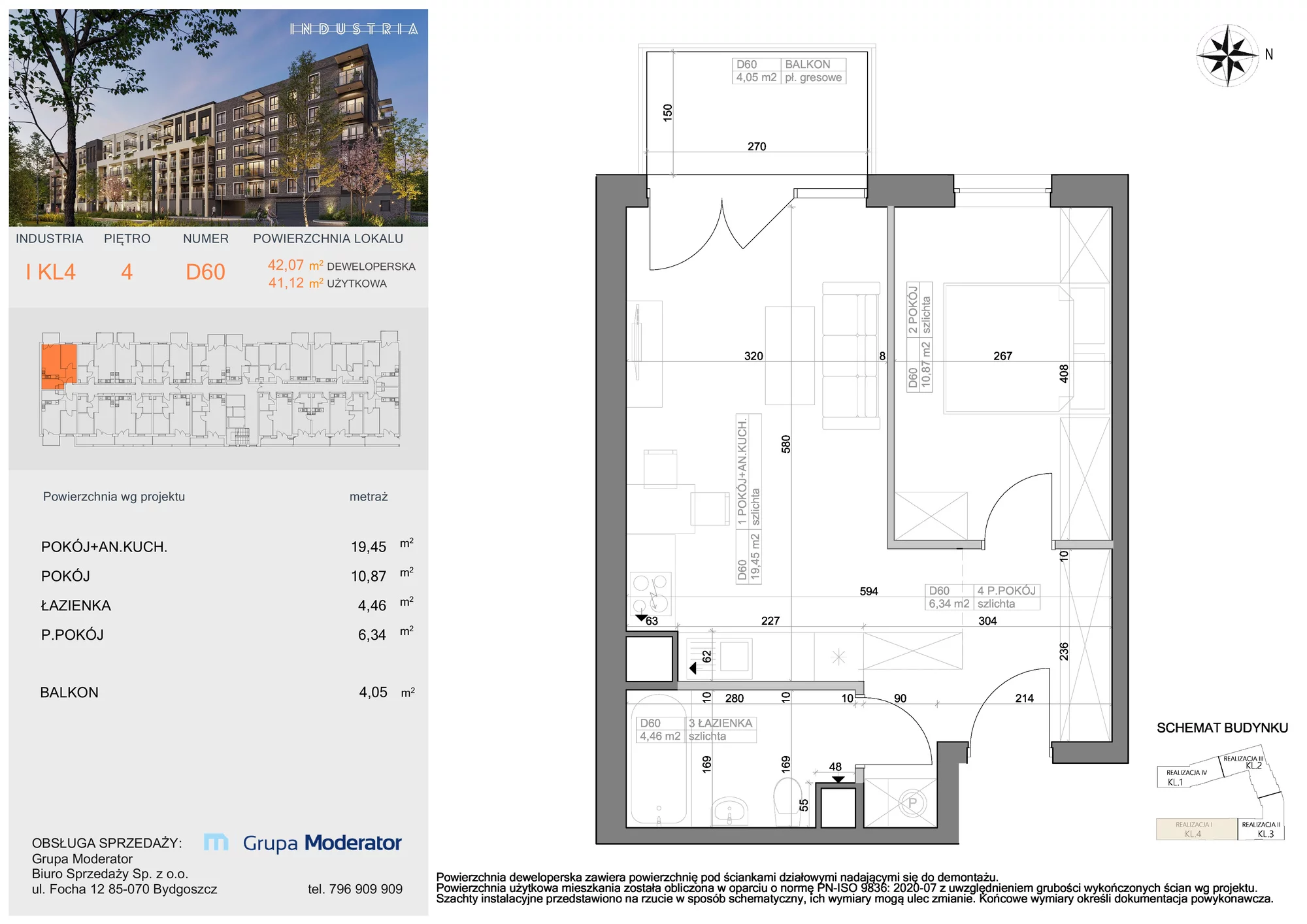 Mieszkanie 41,12 m², piętro 4, oferta nr I-D60, Industria Budynek I-D, Bydgoszcz, Bocianowo, ul. Rycerska 22