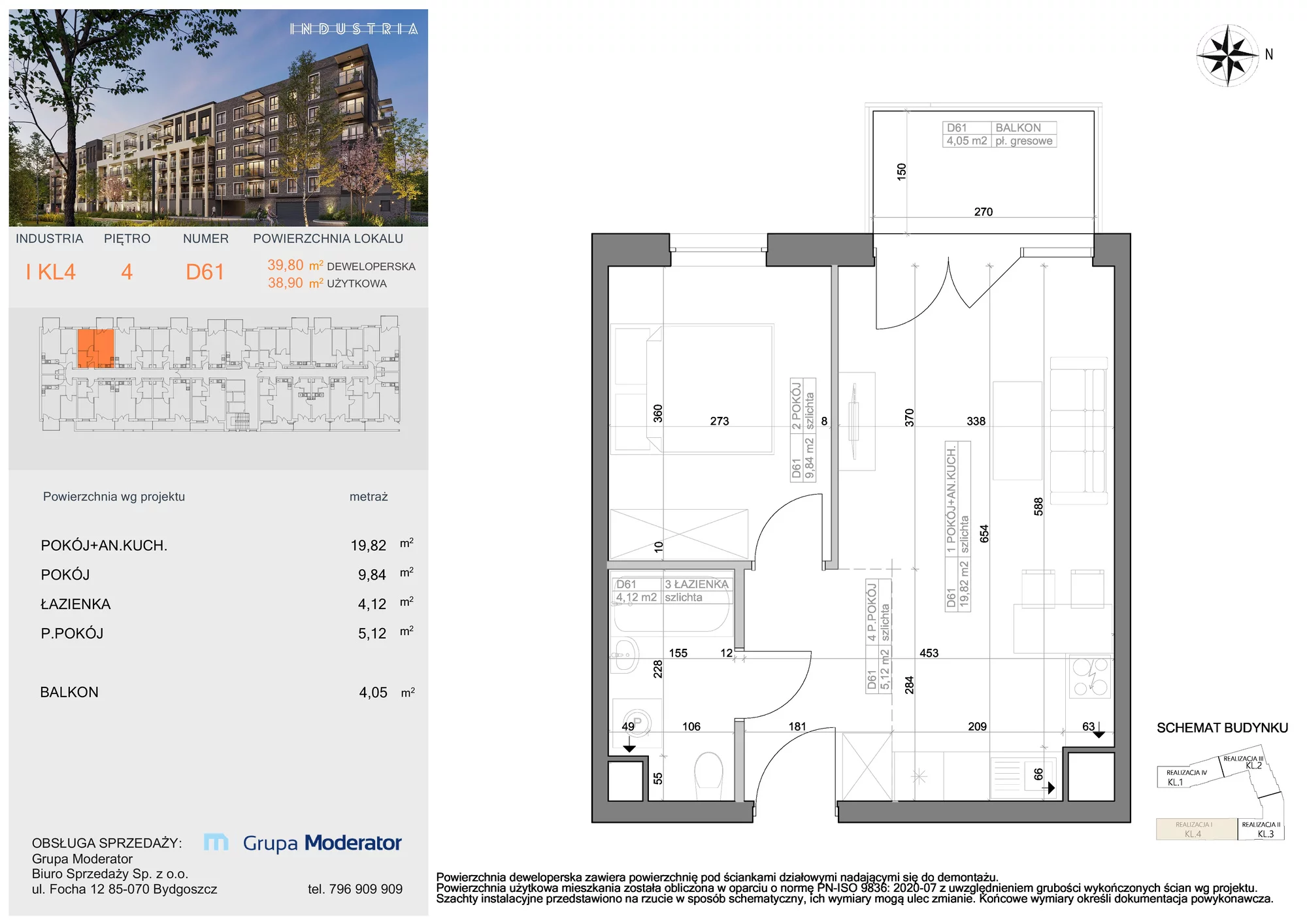 Mieszkanie 38,90 m², piętro 4, oferta nr I-D61, Industria Budynek I-D, Bydgoszcz, Bocianowo, ul. Rycerska 22