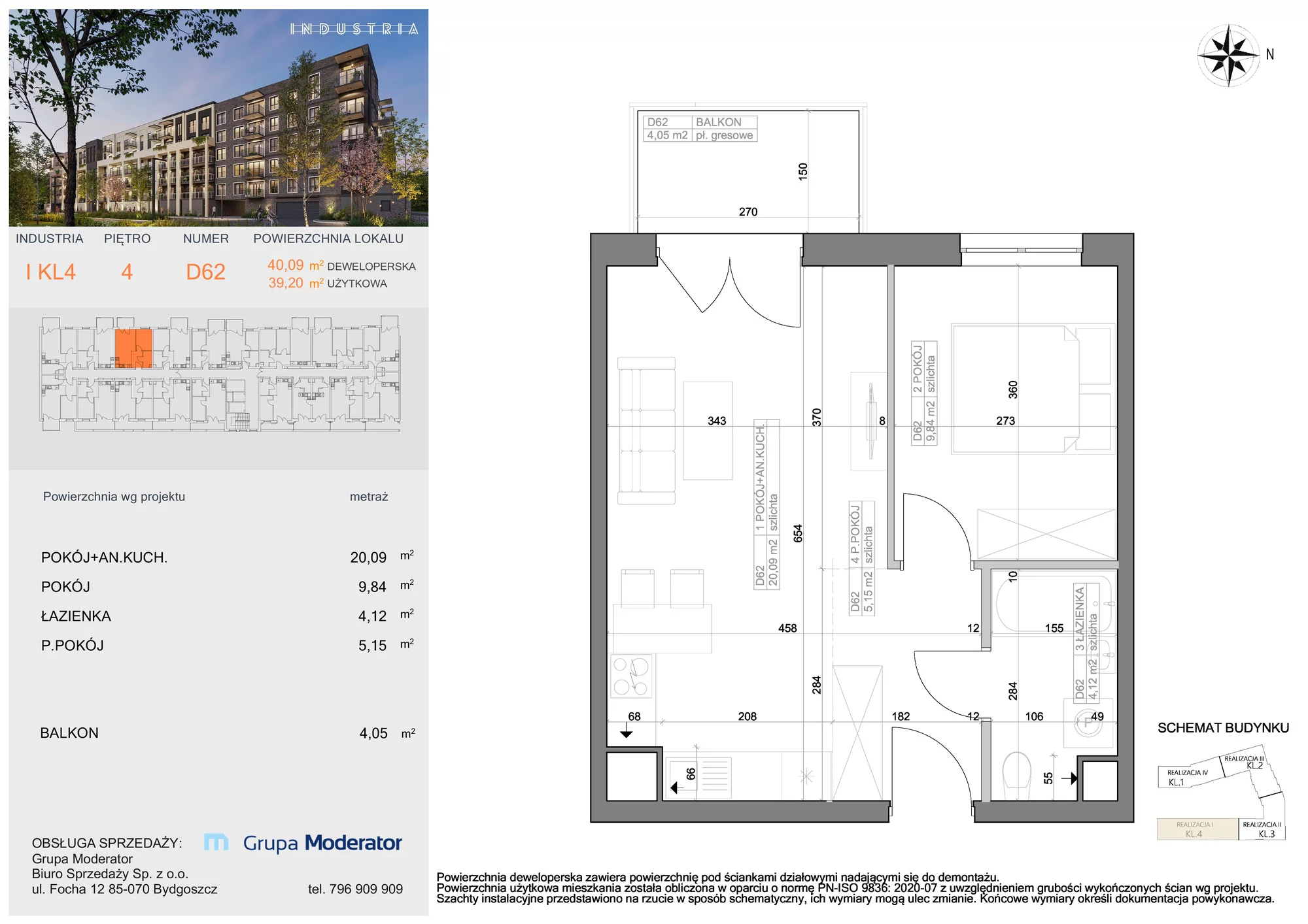 Mieszkanie 39,20 m², piętro 4, oferta nr I-D62, Industria Budynek I-D, Bydgoszcz, Bocianowo, ul. Rycerska 22