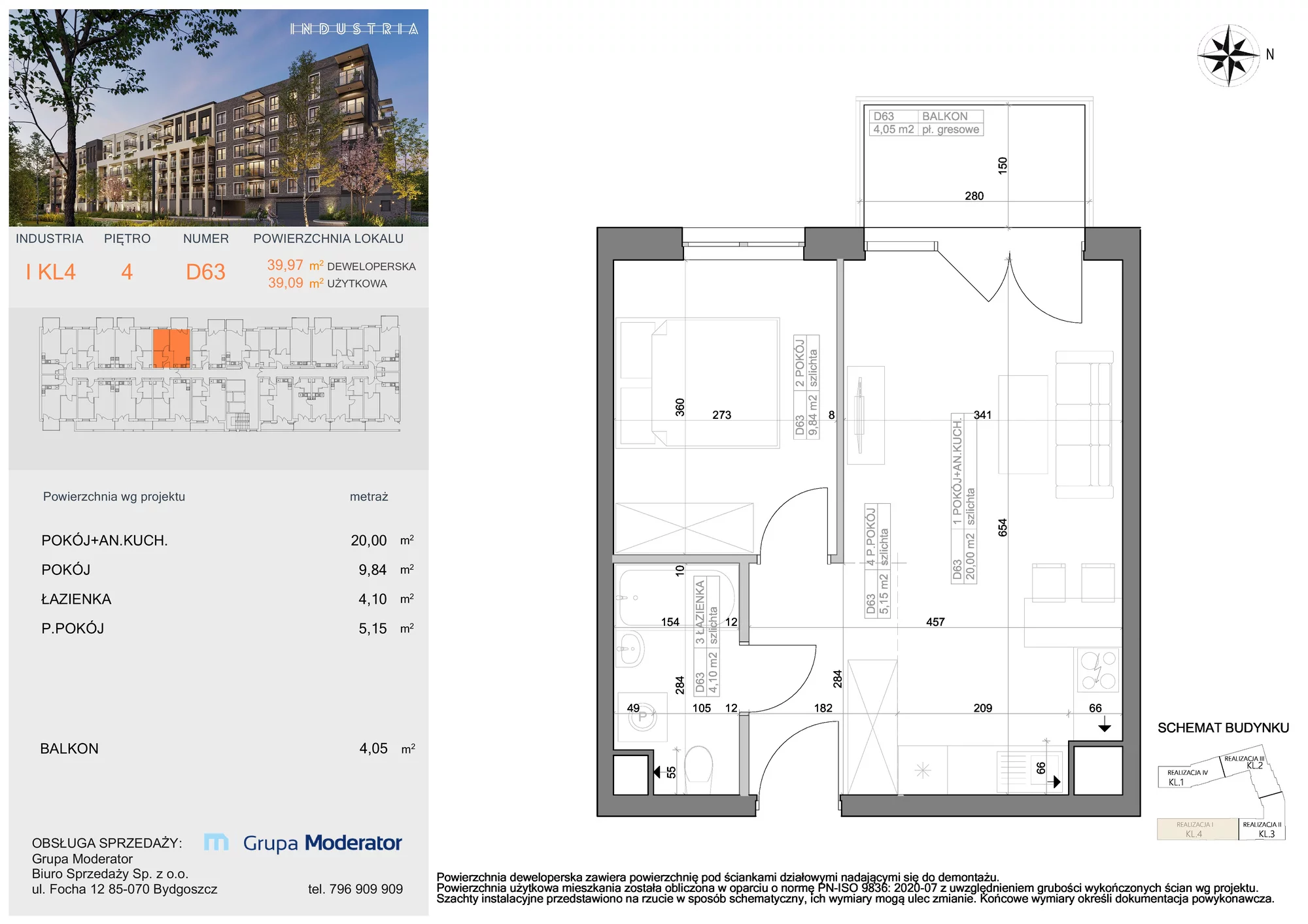 Mieszkanie 39,09 m², piętro 4, oferta nr I-D63, Industria Budynek I-D, Bydgoszcz, Bocianowo, ul. Rycerska 22