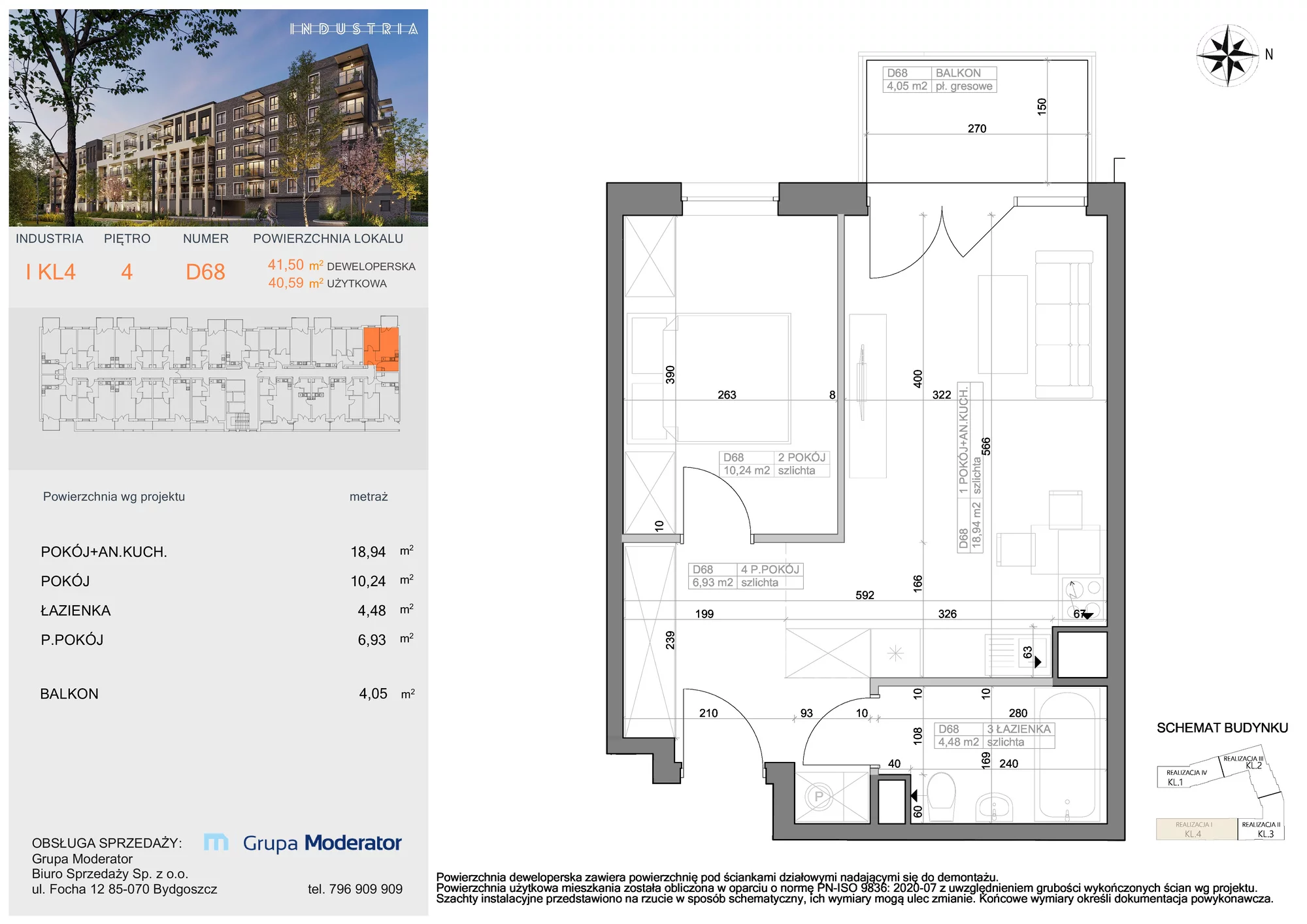 Mieszkanie 40,59 m², piętro 4, oferta nr I-D68, Industria Budynek I-D, Bydgoszcz, Bocianowo, ul. Rycerska 22