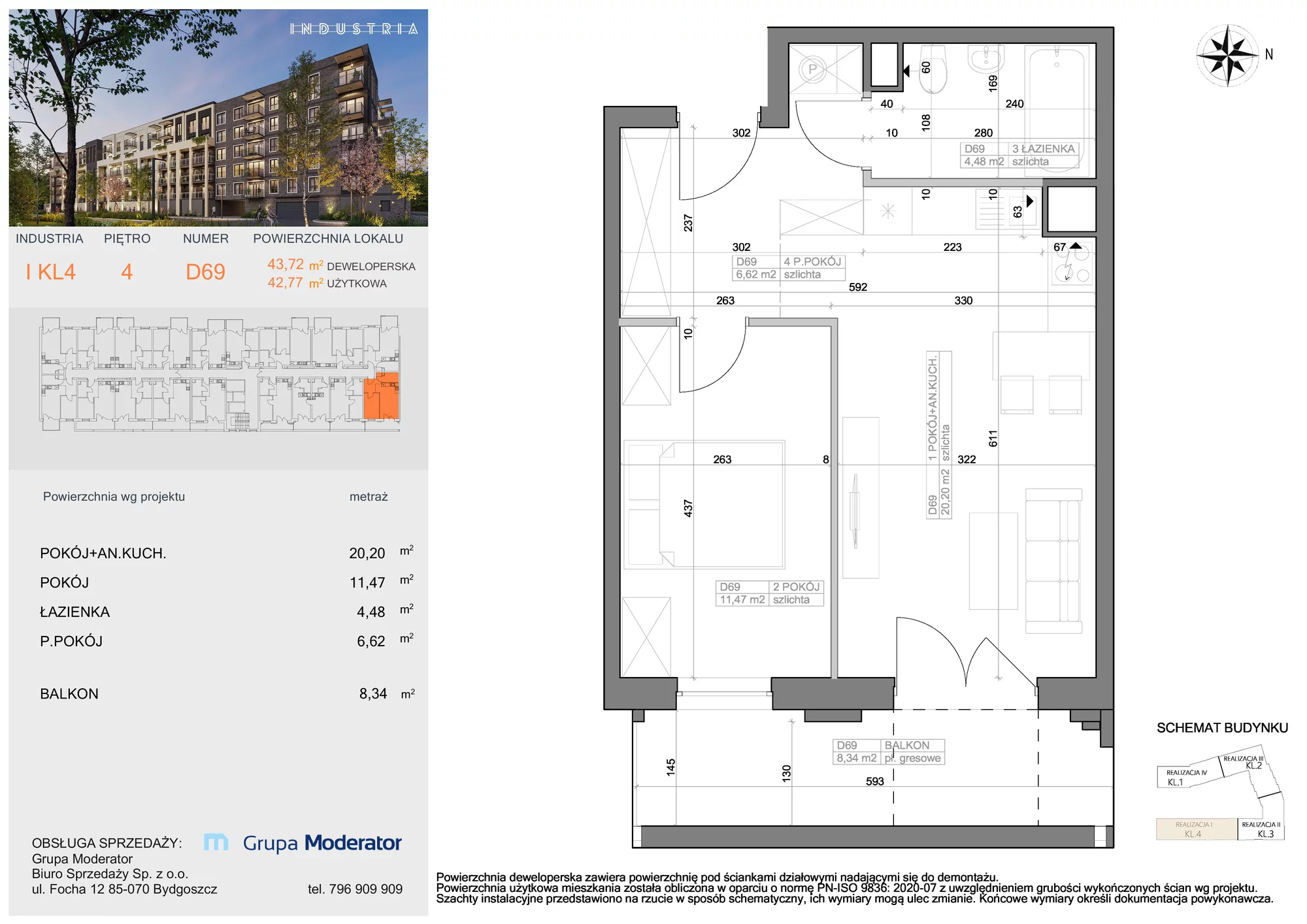 Mieszkanie 42,77 m², piętro 4, oferta nr I-D69, Industria Budynek I-D, Bydgoszcz, Bocianowo, ul. Rycerska 22