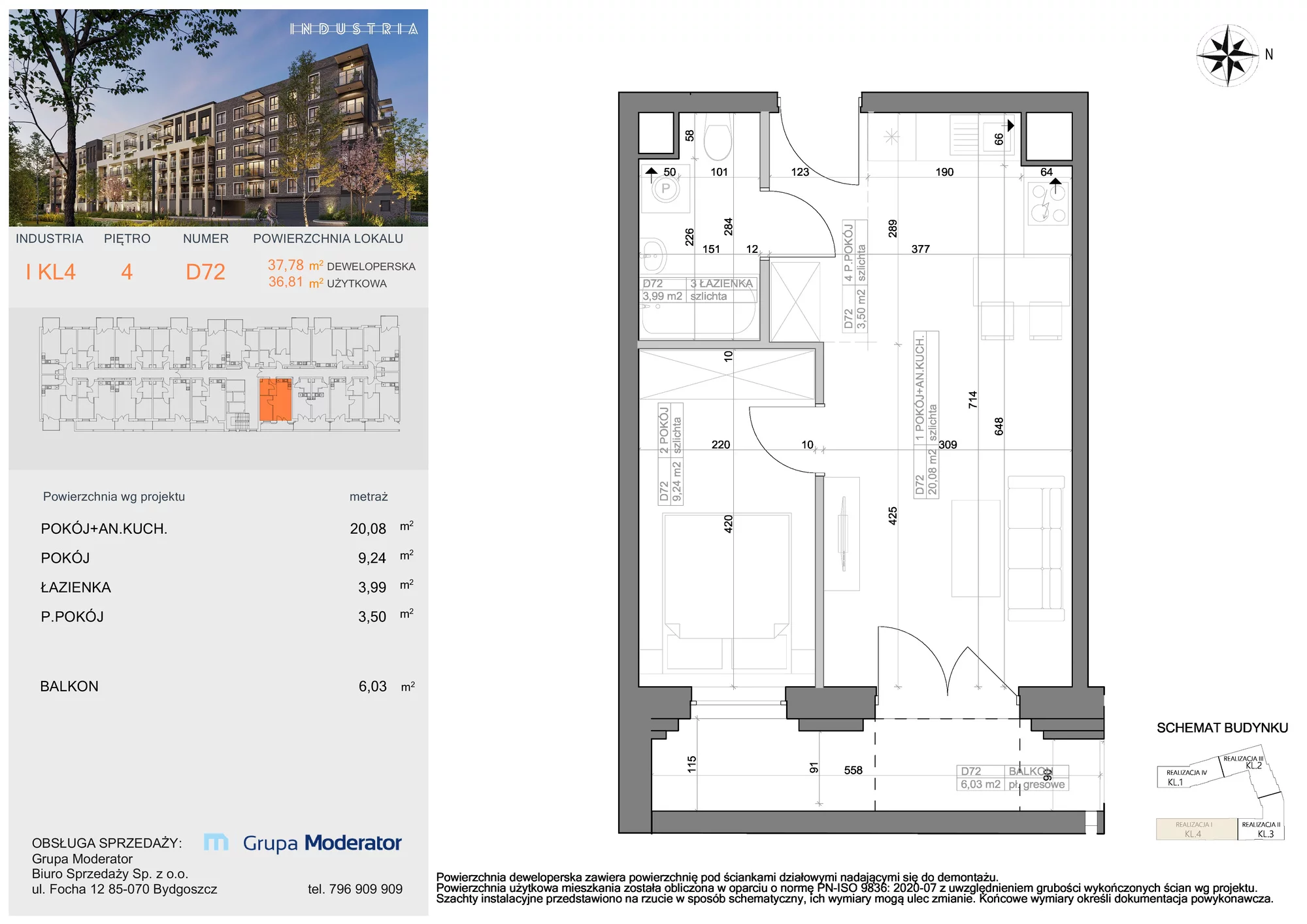 Mieszkanie 36,81 m², piętro 4, oferta nr I-D72, Industria Budynek I-D, Bydgoszcz, Bocianowo, ul. Rycerska 22