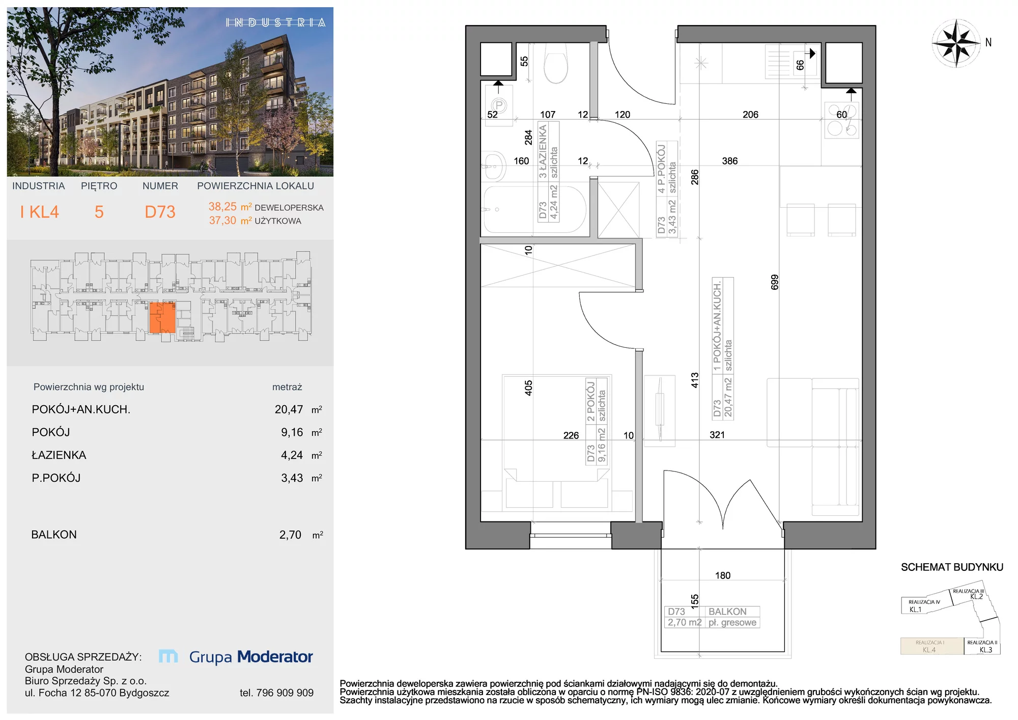 Mieszkanie 37,30 m², piętro 5, oferta nr I-D73, Industria Budynek I-D, Bydgoszcz, Bocianowo, ul. Rycerska 22