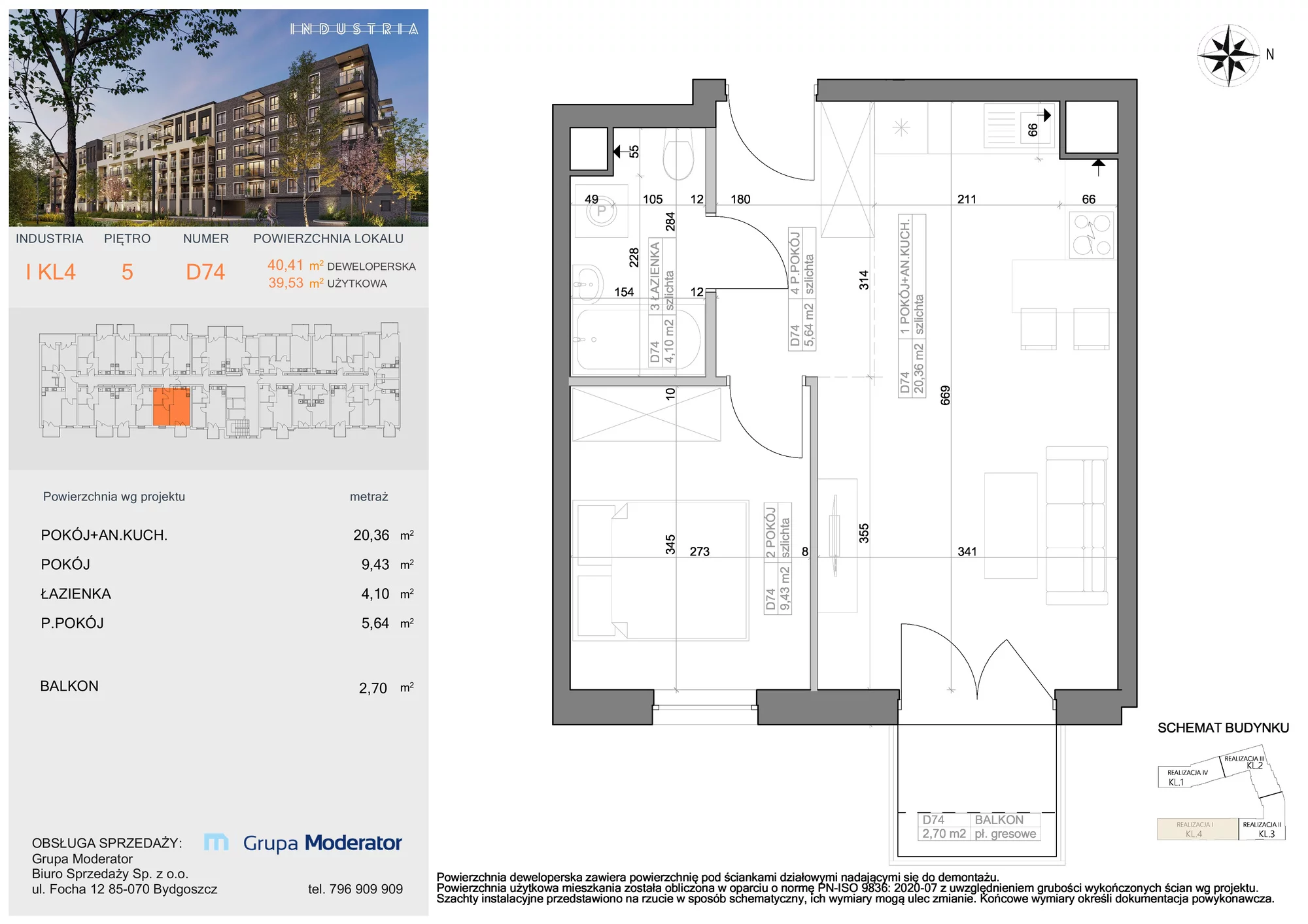 Mieszkanie 39,53 m², piętro 5, oferta nr I-D74, Industria Budynek I-D, Bydgoszcz, Bocianowo, ul. Rycerska 22