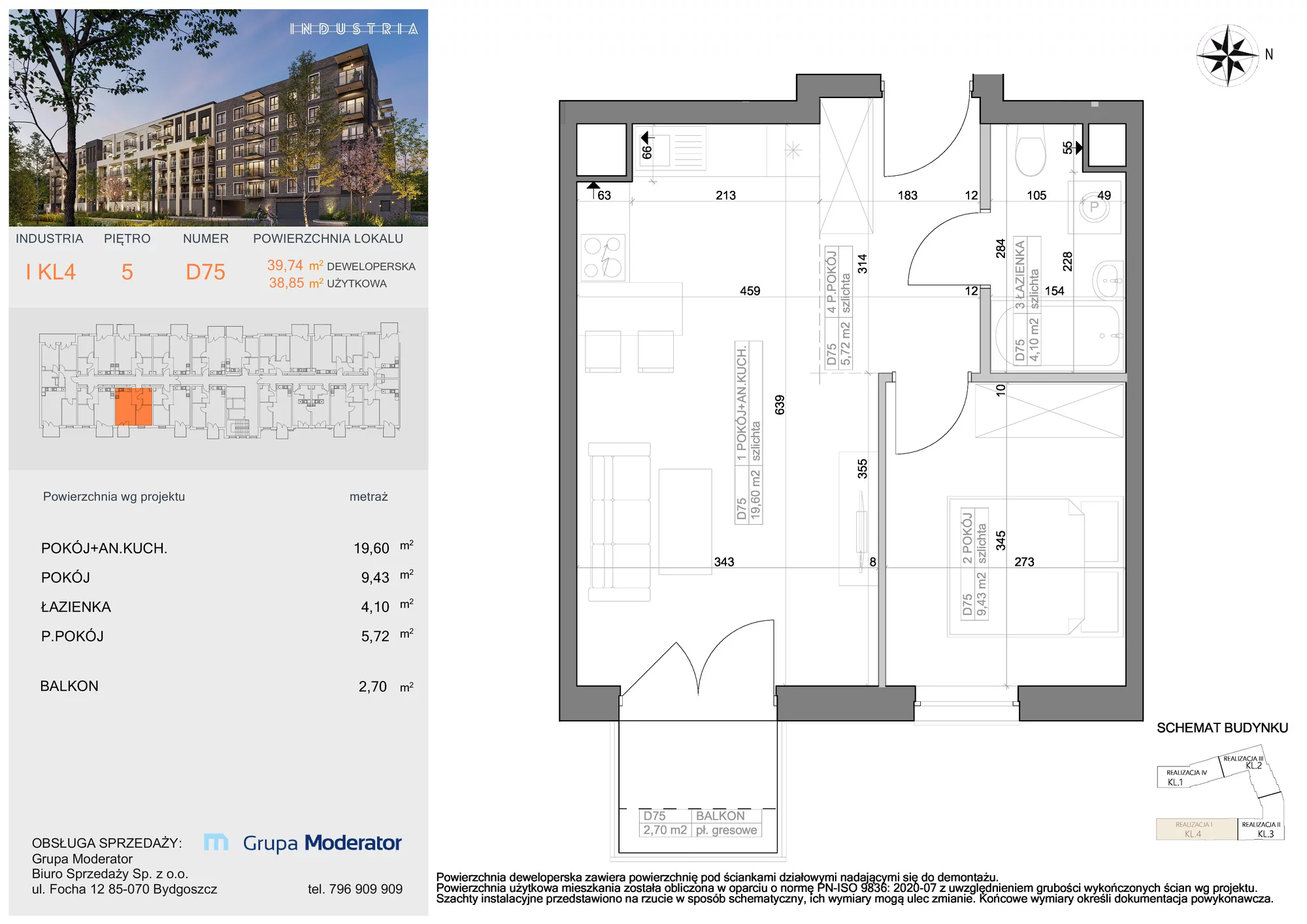 Mieszkanie 38,85 m², piętro 5, oferta nr I-D75, Industria Budynek I-D, Bydgoszcz, Bocianowo, ul. Rycerska 22