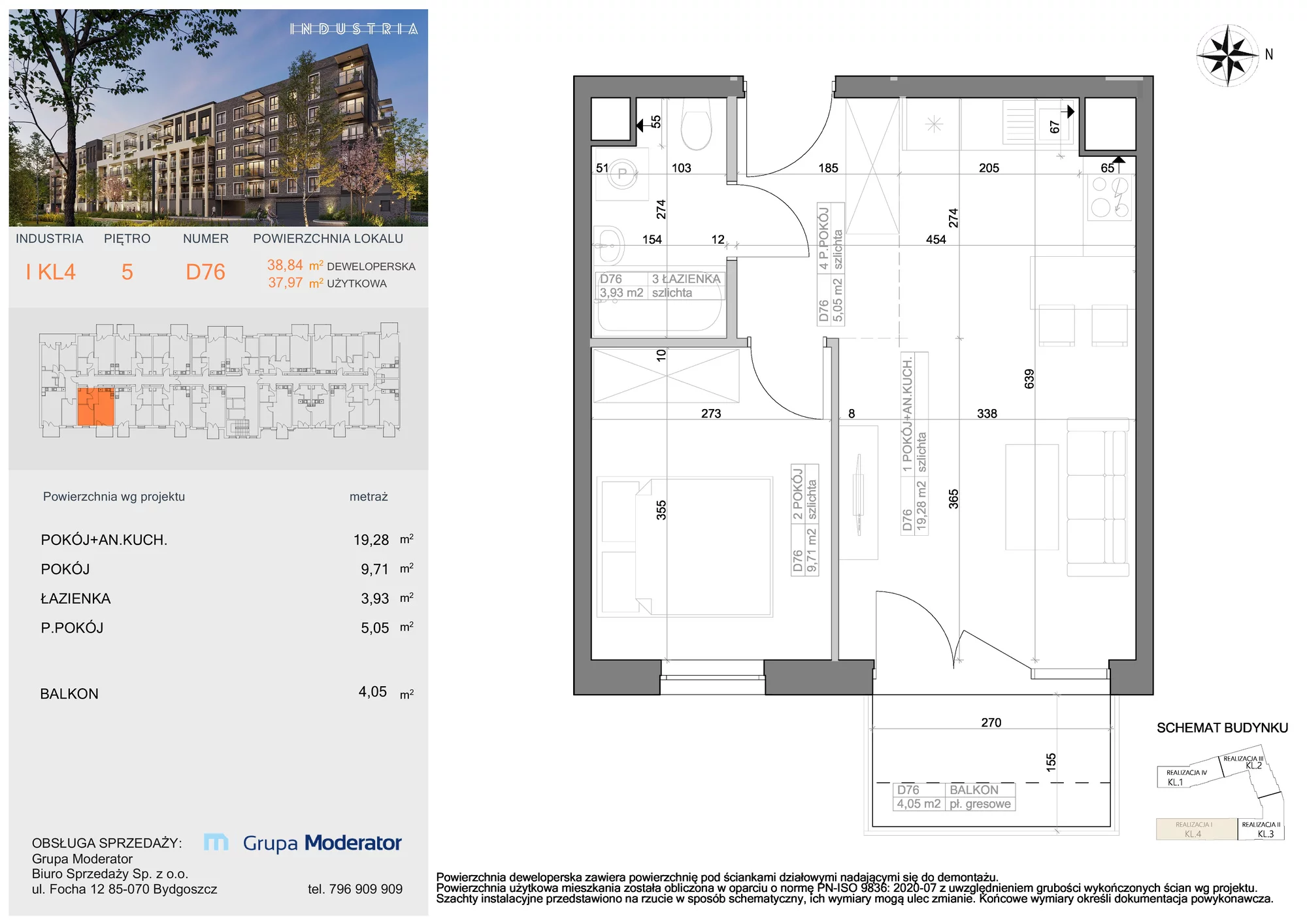 Mieszkanie 37,97 m², piętro 5, oferta nr I-D76, Industria Budynek I-D, Bydgoszcz, Bocianowo, ul. Rycerska 22