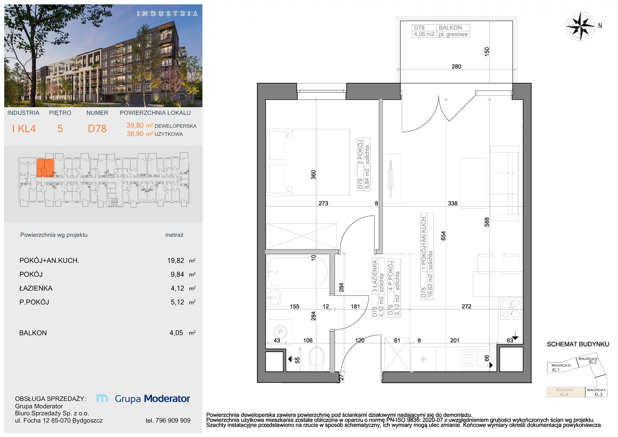 Mieszkanie 38,90 m², piętro 5, oferta nr I-D78, Industria Budynek I-D, Bydgoszcz, Bocianowo, ul. Rycerska 22