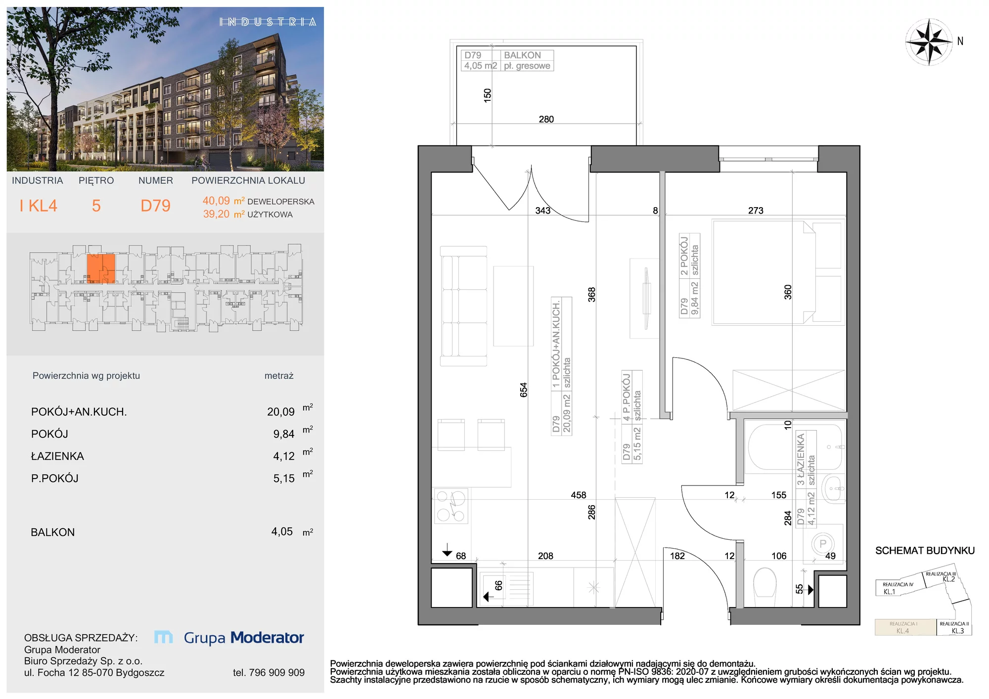 Mieszkanie 39,20 m², piętro 5, oferta nr I-D79, Industria Budynek I-D, Bydgoszcz, Bocianowo, ul. Rycerska 22