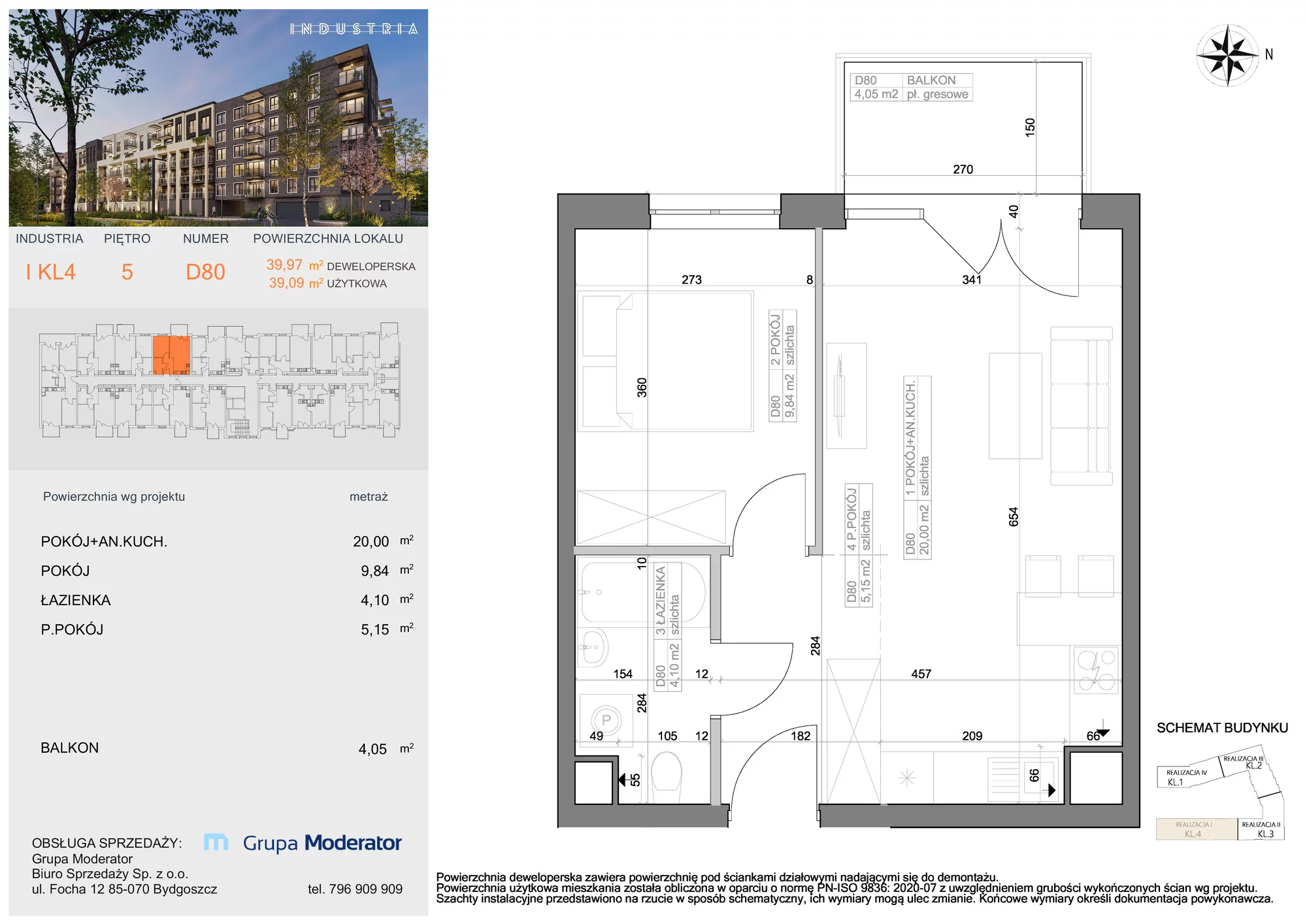 Mieszkanie 39,09 m², piętro 5, oferta nr I-D80, Industria Budynek I-D, Bydgoszcz, Bocianowo, ul. Rycerska 22