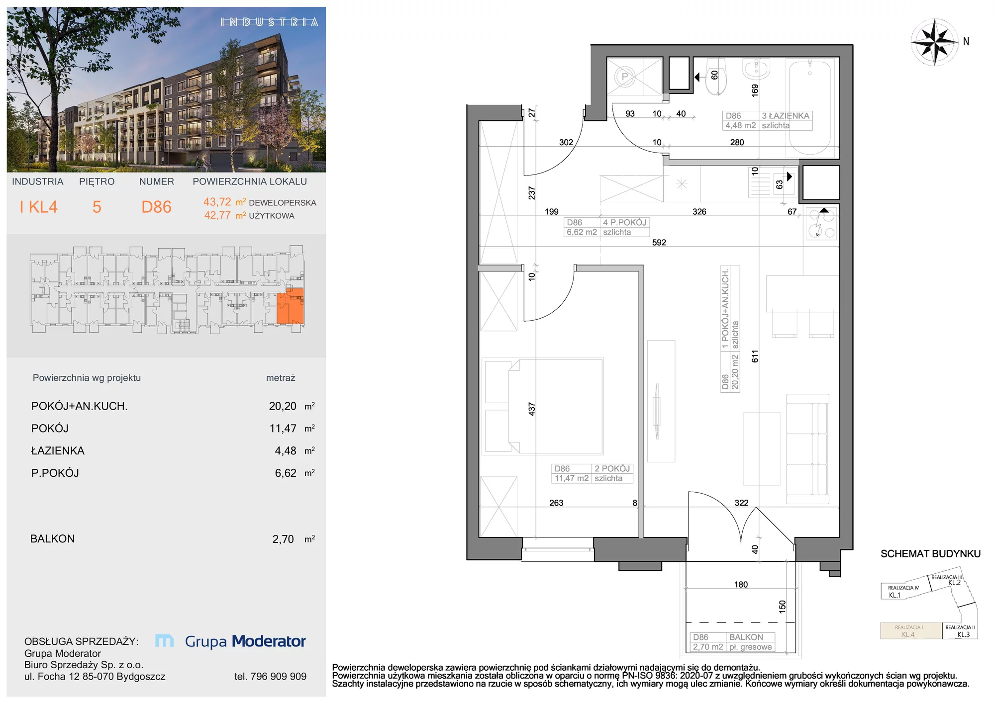 Mieszkanie 42,77 m², piętro 5, oferta nr I-D86, Industria Budynek I-D, Bydgoszcz, Bocianowo, ul. Rycerska 22