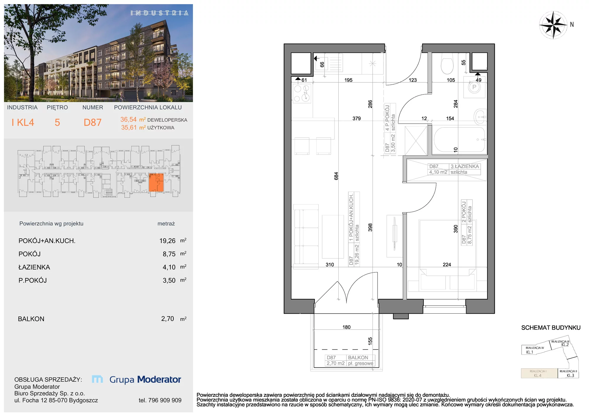 Mieszkanie 35,61 m², piętro 5, oferta nr I-D87, Industria Budynek I-D, Bydgoszcz, Bocianowo, ul. Rycerska 22