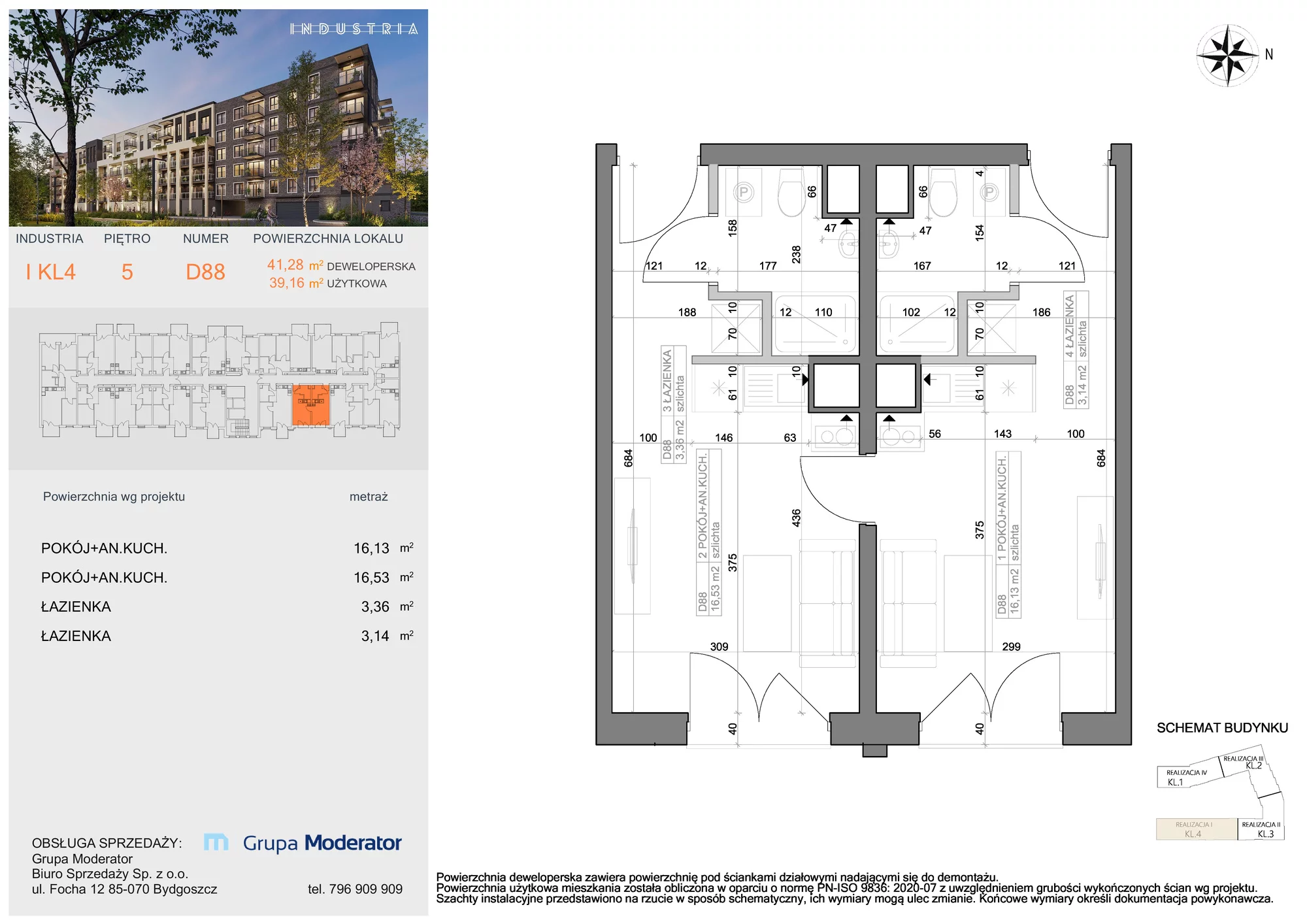 Mieszkanie 39,16 m², piętro 5, oferta nr I-D88, Industria Budynek I-D, Bydgoszcz, Bocianowo, ul. Rycerska 22