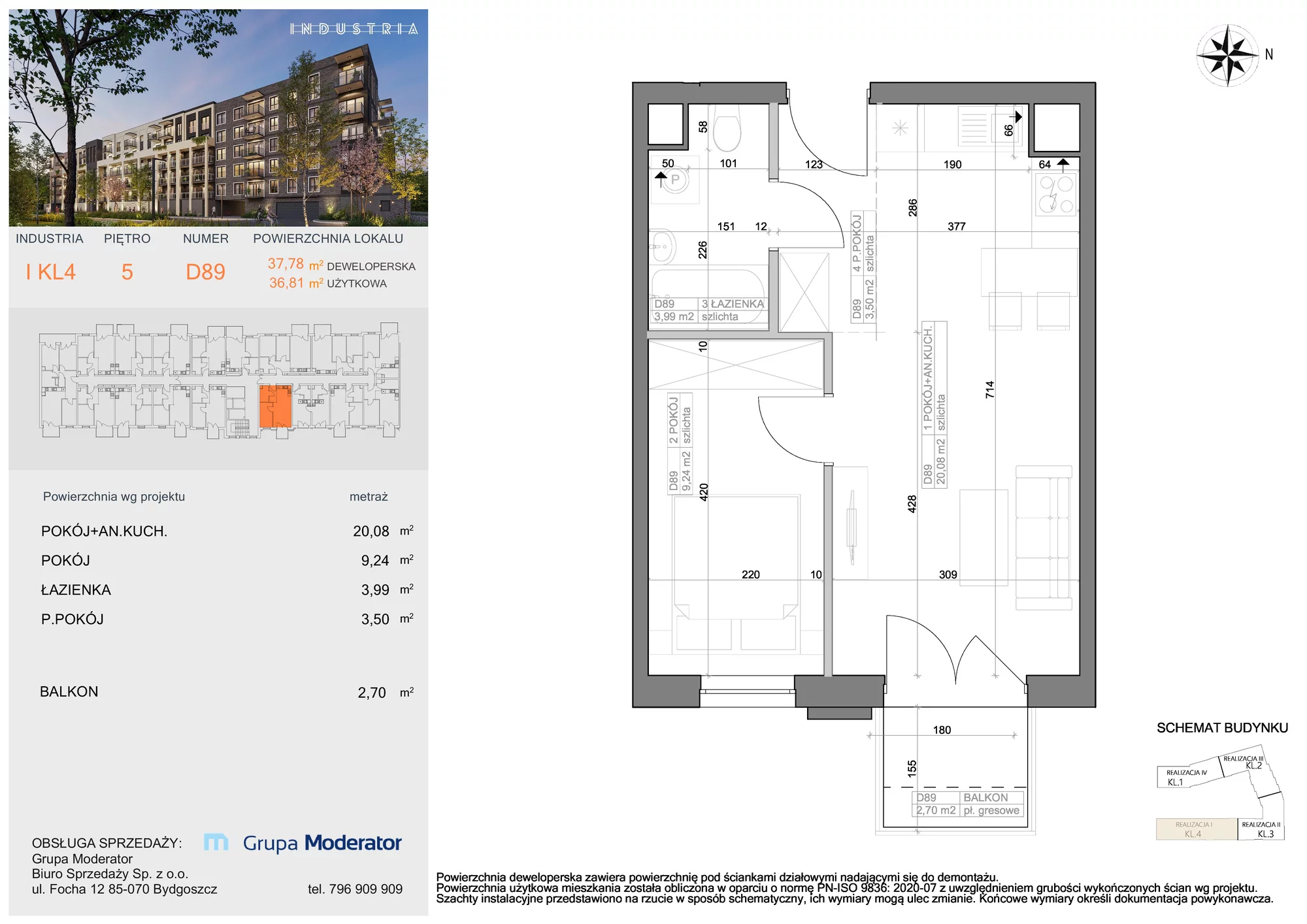 Mieszkanie 36,81 m², piętro 5, oferta nr I-D89, Industria Budynek I-D, Bydgoszcz, Bocianowo, ul. Rycerska 22