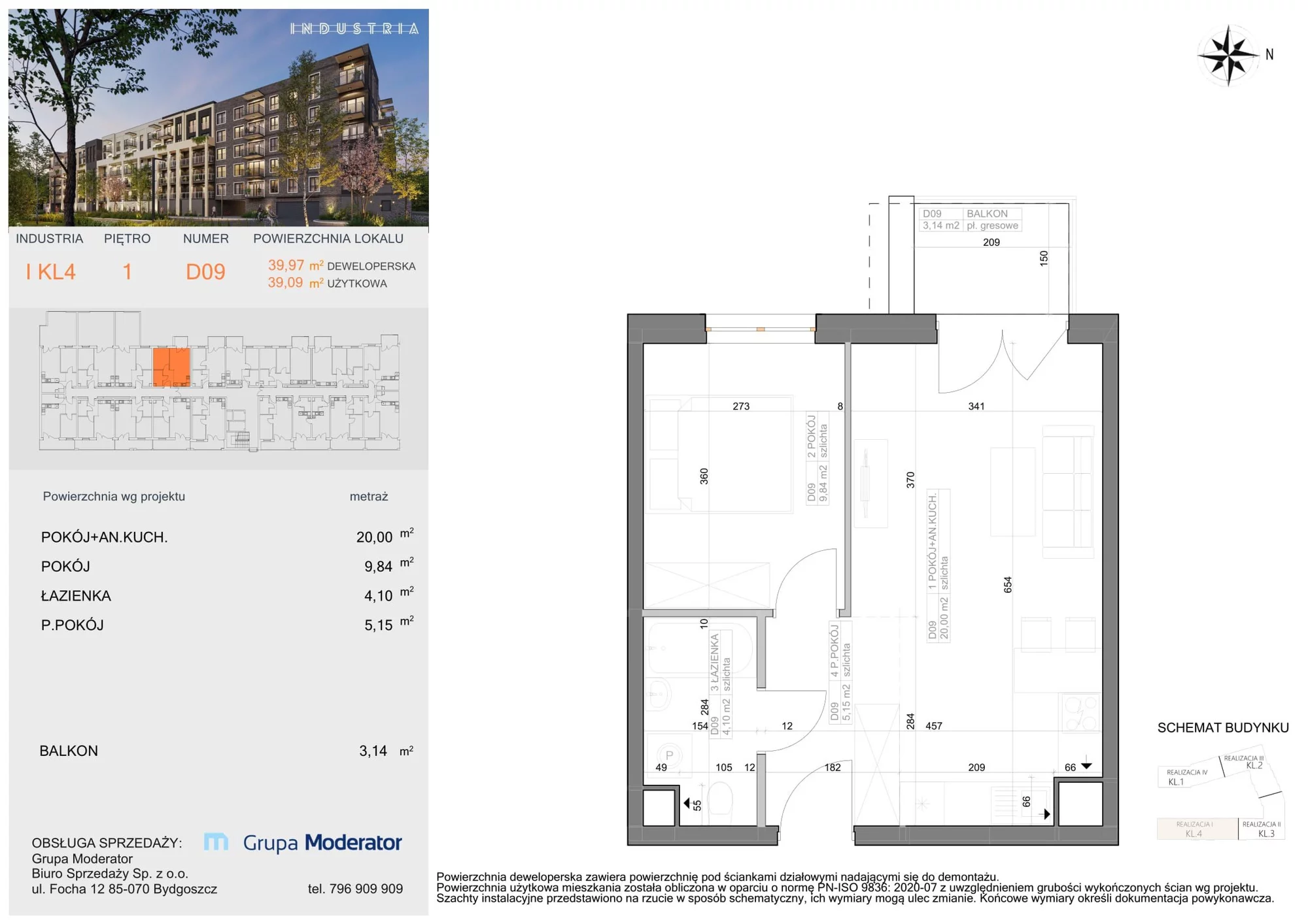 Mieszkanie 39,09 m², piętro 1, oferta nr I-D9, Industria Budynek I-D, Bydgoszcz, Bocianowo, ul. Rycerska 22