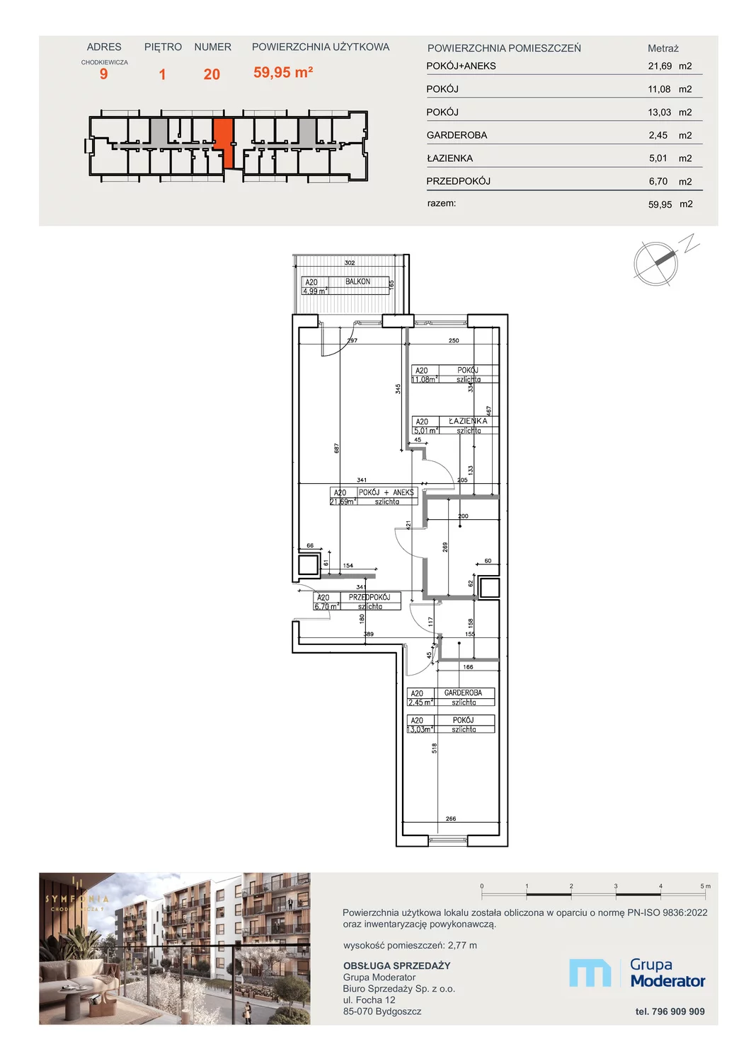 3 pokoje, apartament 59,95 m², piętro 1, oferta nr A20, Osiedle Symfonia, Bydgoszcz, Bielawy, ul. Jana Karola Chodkiewicza 9